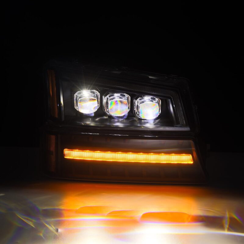 AlphaRex Black NOVA LED projector headlights for 03-06 Chevy Silverado and Avalanche, featuring bright LED lights and a sleek design.
