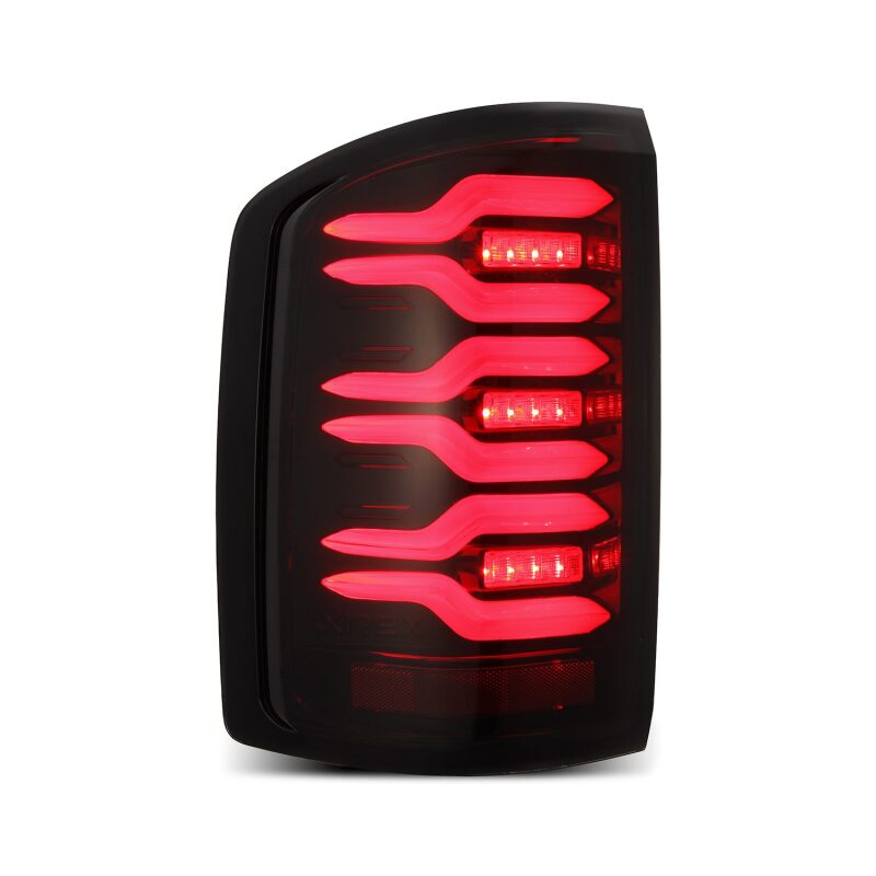 AlphaRex LUXX-Series LED tail light for 14-18 GMC Sierra 1500/2500HD/3500HD in black and red with sequential signal lights.