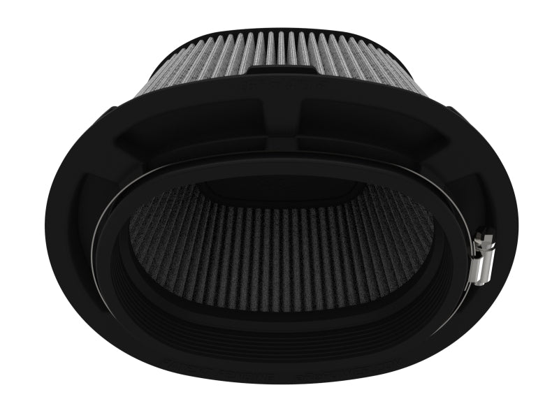 Afe Momentum replacement air filter featuring a cylindrical design with a black frame and pleated filter media for optimal airflow.