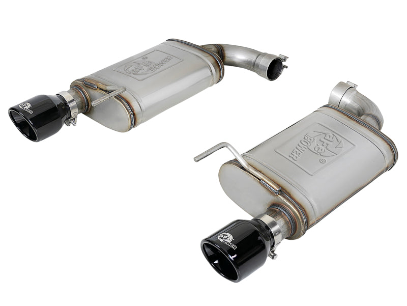 afe MACH Force-Xp axle-back exhaust system for Ford Mustang GT 2015-2017, featuring stainless steel construction and dual tips.