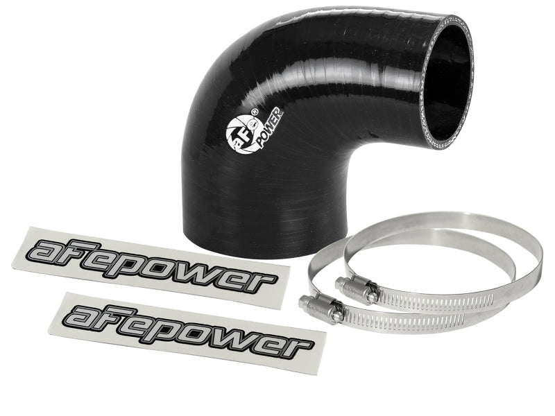 Black 90-degree elbow coupler from afe Magnum FORCE Intake Coupling Kit with two stainless steel clamps and stickers.