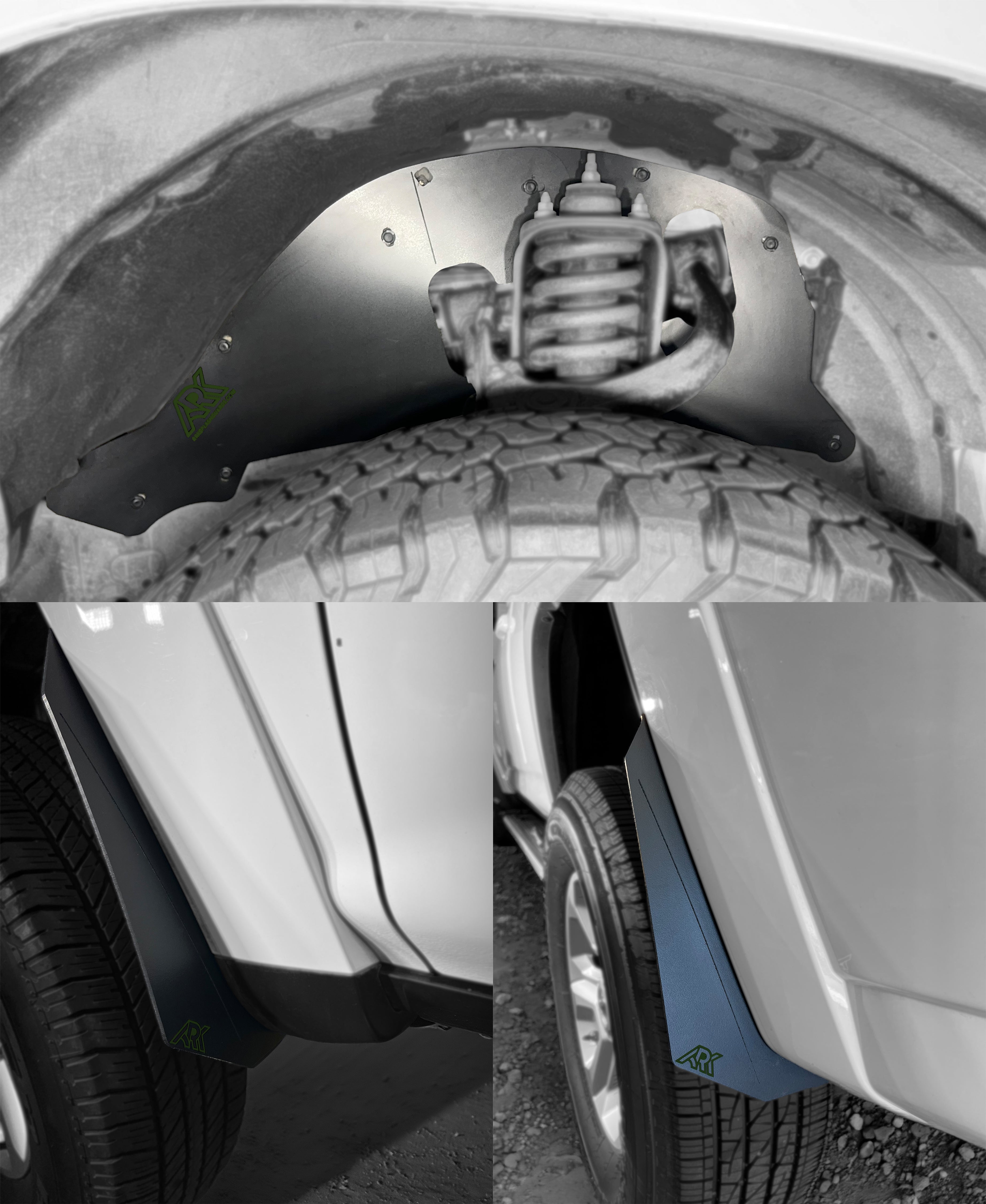 TriXpoly splash guards for 2010-2024 Toyota 4Runner, designed to protect against mud and debris, showcasing installation details.