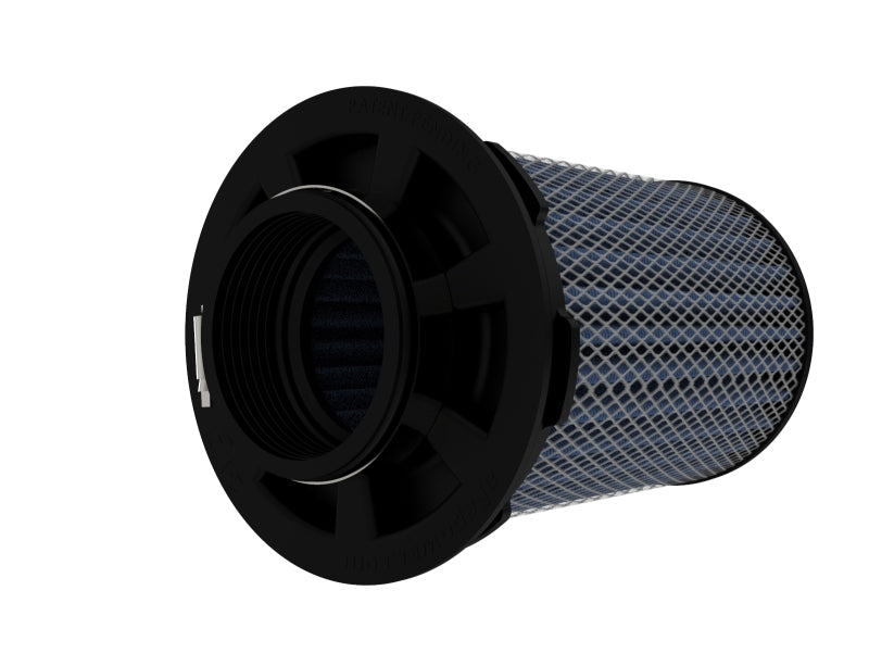 aFe MagnumFLOW Pro 5R air filter featuring a 2.5-inch inlet and 4.5-inch diameter, designed for improved airflow and performance.