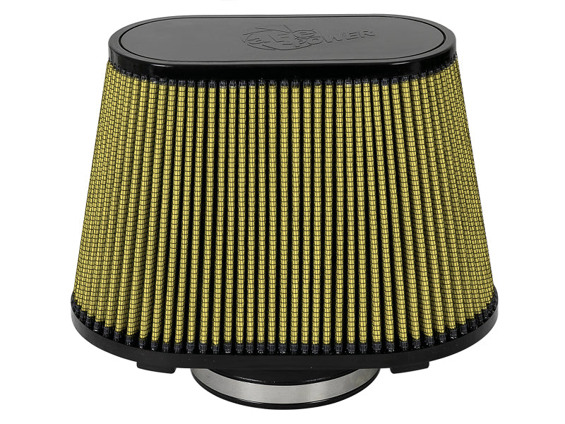 afe Magnum FORCE replacement air filter with a conical design, featuring a black top and gold pleated filter media.