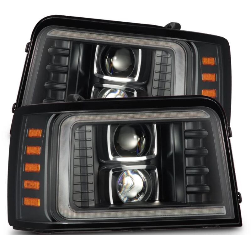 AlphaRex LUXX-Series projector headlights for 92-96 Ford F-Series and Bronco, featuring black housing and sequential signals.