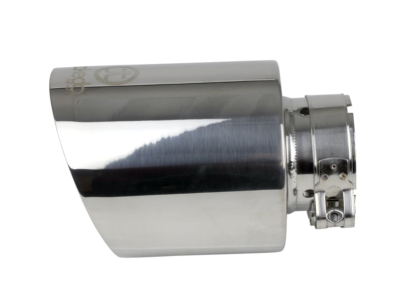 Polished afe Takeda universal exhaust tip with a 2-1/2 inch inlet, 4-1/2 inch outlet, and 7 inch length for enhanced performance.