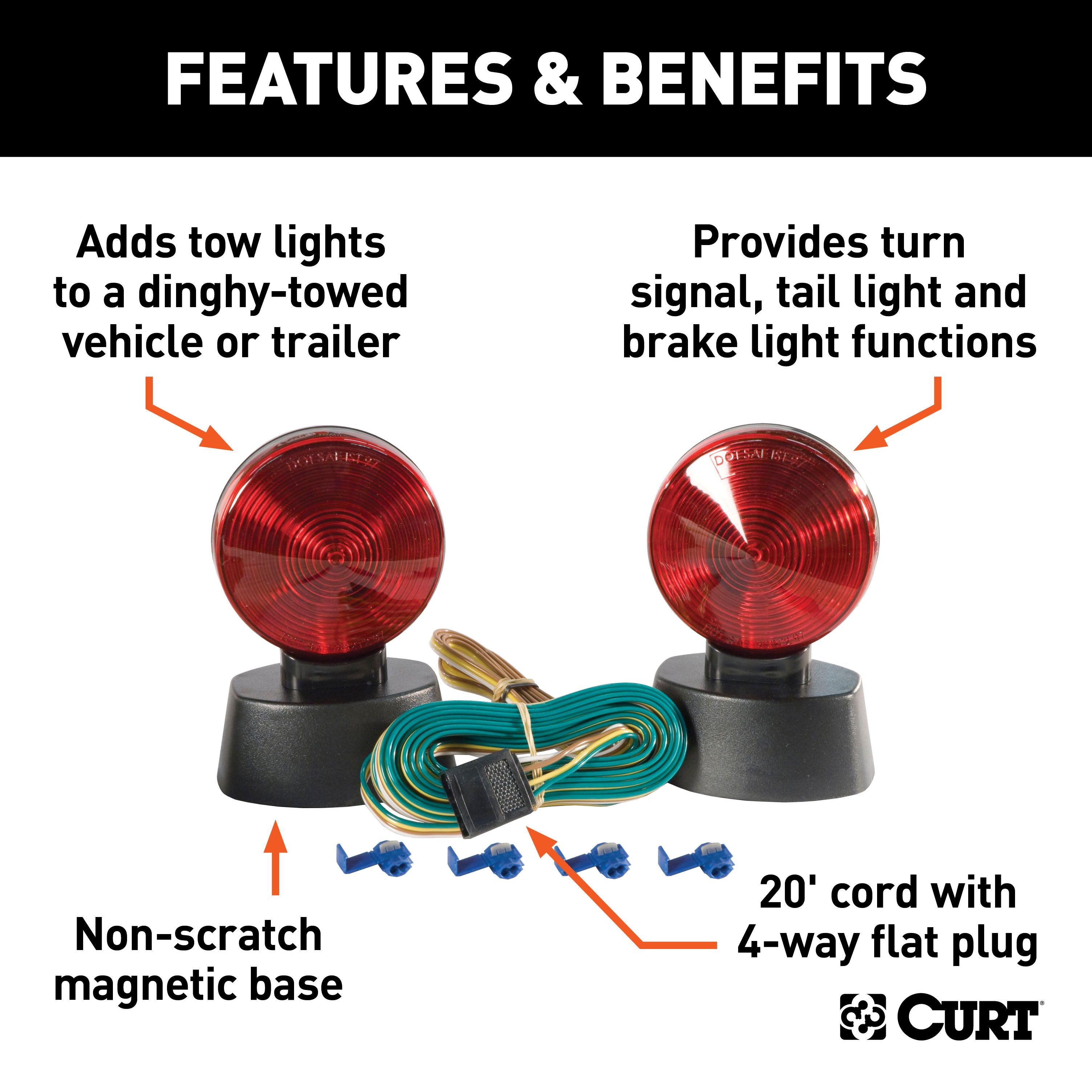 CURT Magnetic Trailer Lights for Dinghy Towing, 4-Pin Flat Plug, Stop Tail Turn Model 53200