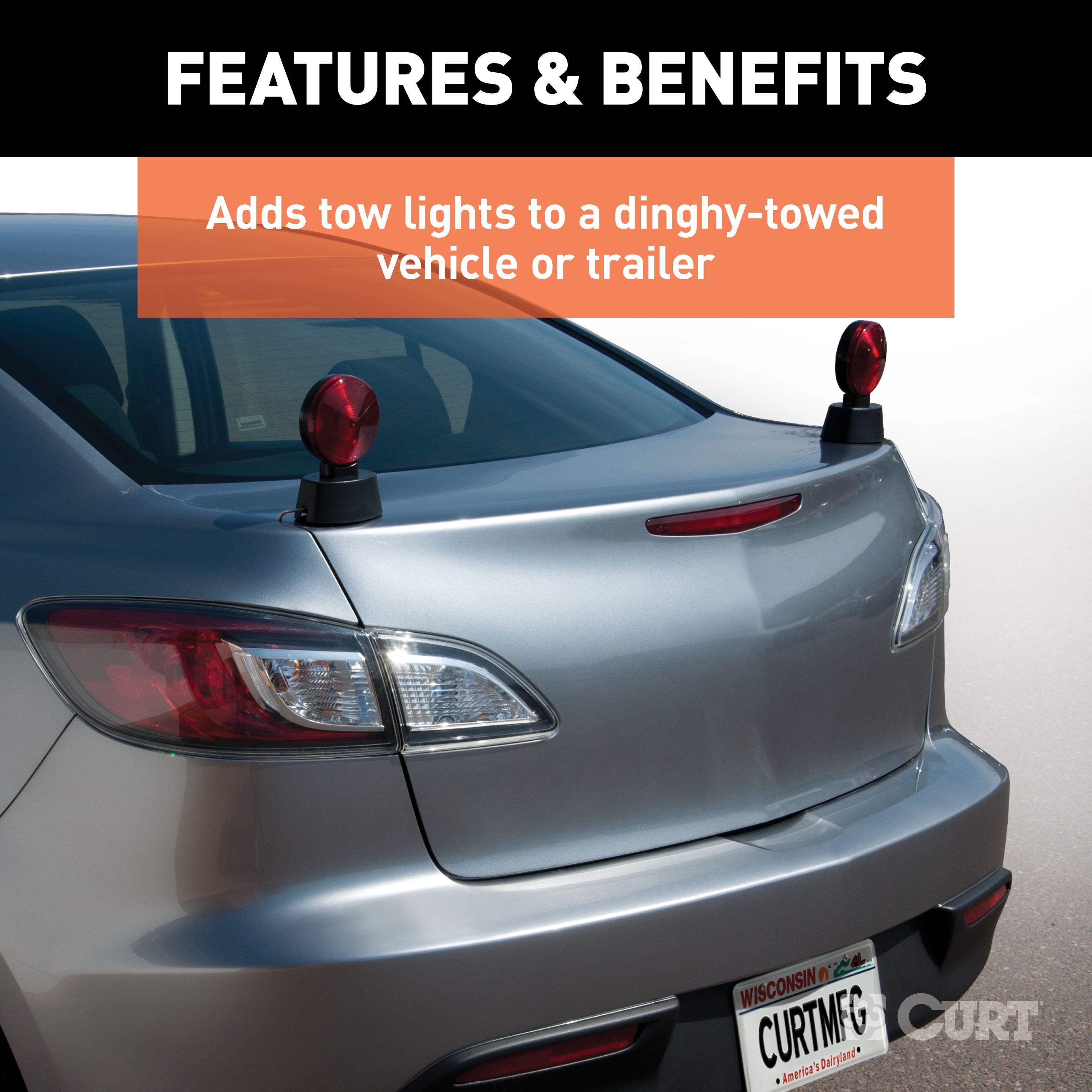 CURT Magnetic Trailer Lights for Dinghy Towing, 4-Pin Flat Plug, Stop Tail Turn Model 53200