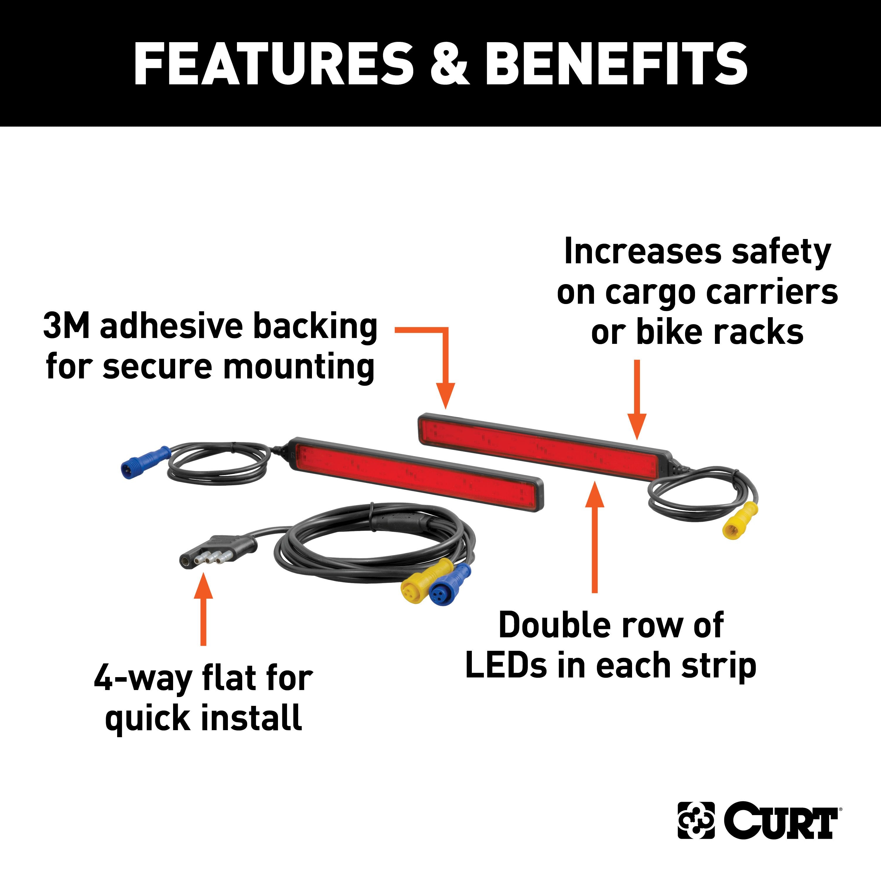 CURT Auxiliary Automotive LED Light Strips for Hitch Cargo Carrier, Bike Rack, 2-Pack Model 53201