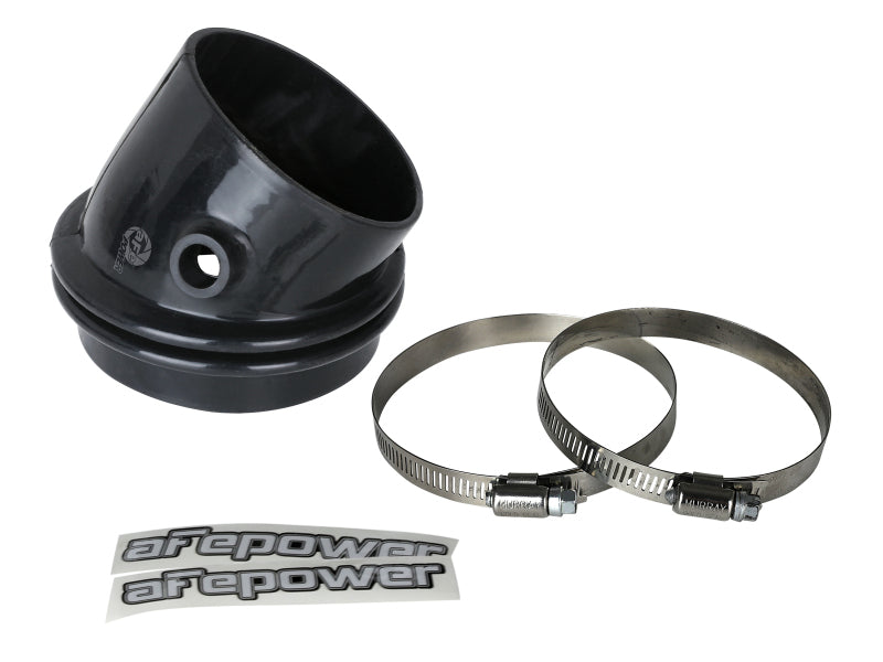 Black afe Magnum FORCE Intake Coupling Kit featuring a 30-degree elbow coupler, two metal clamps, and logo stickers.