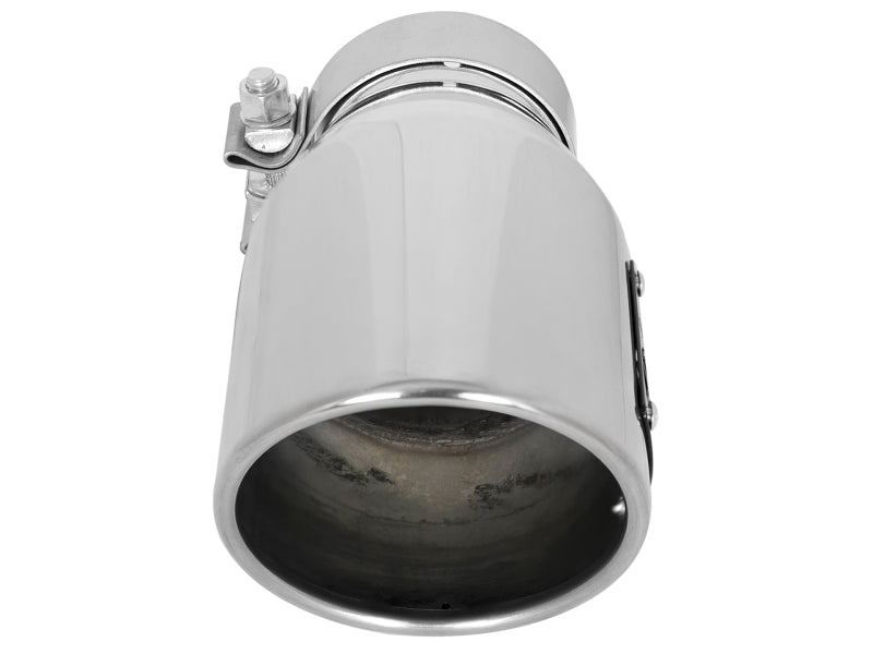 Polished afe MACH Force-Xp exhaust tip with 3-inch inlet, 4.5-inch outlet, and 9-inch length for enhanced performance.
