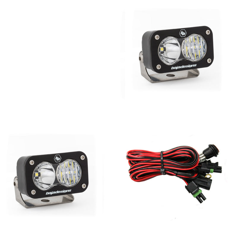 Baja Designs S2 Sport Pair Driving/Combo LED lights with mounting brackets and wiring harness for enhanced visibility.