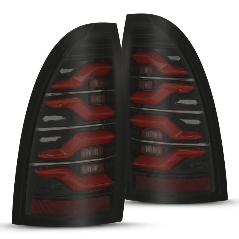 AlphaRex LUXX LED taillights for 05-15 Toyota Tacoma in black and red with sequential signal and active light features.