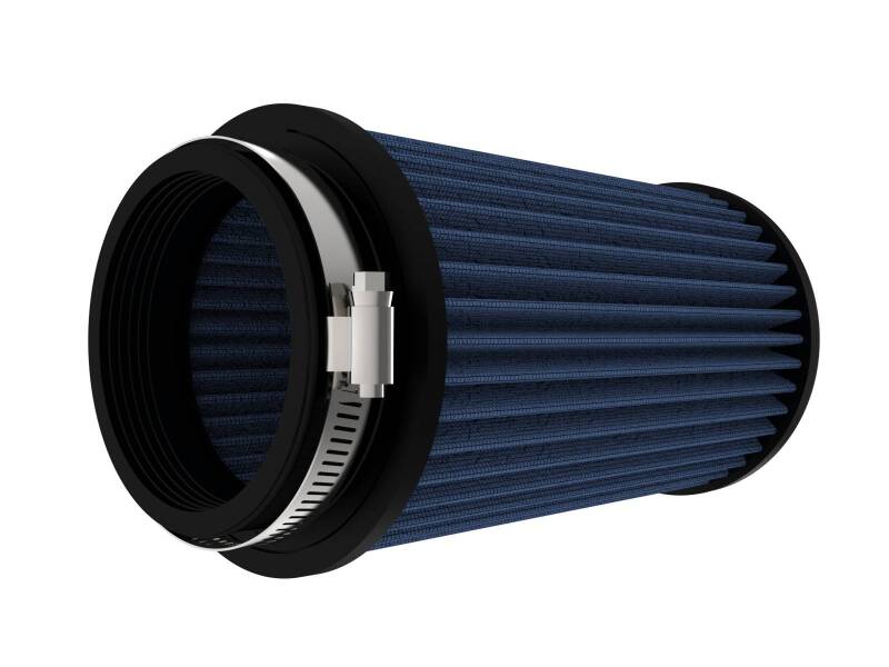 Universal air filter with blue pleated media, featuring a rubber base and clamp for secure installation. Ideal for performance upgrades.