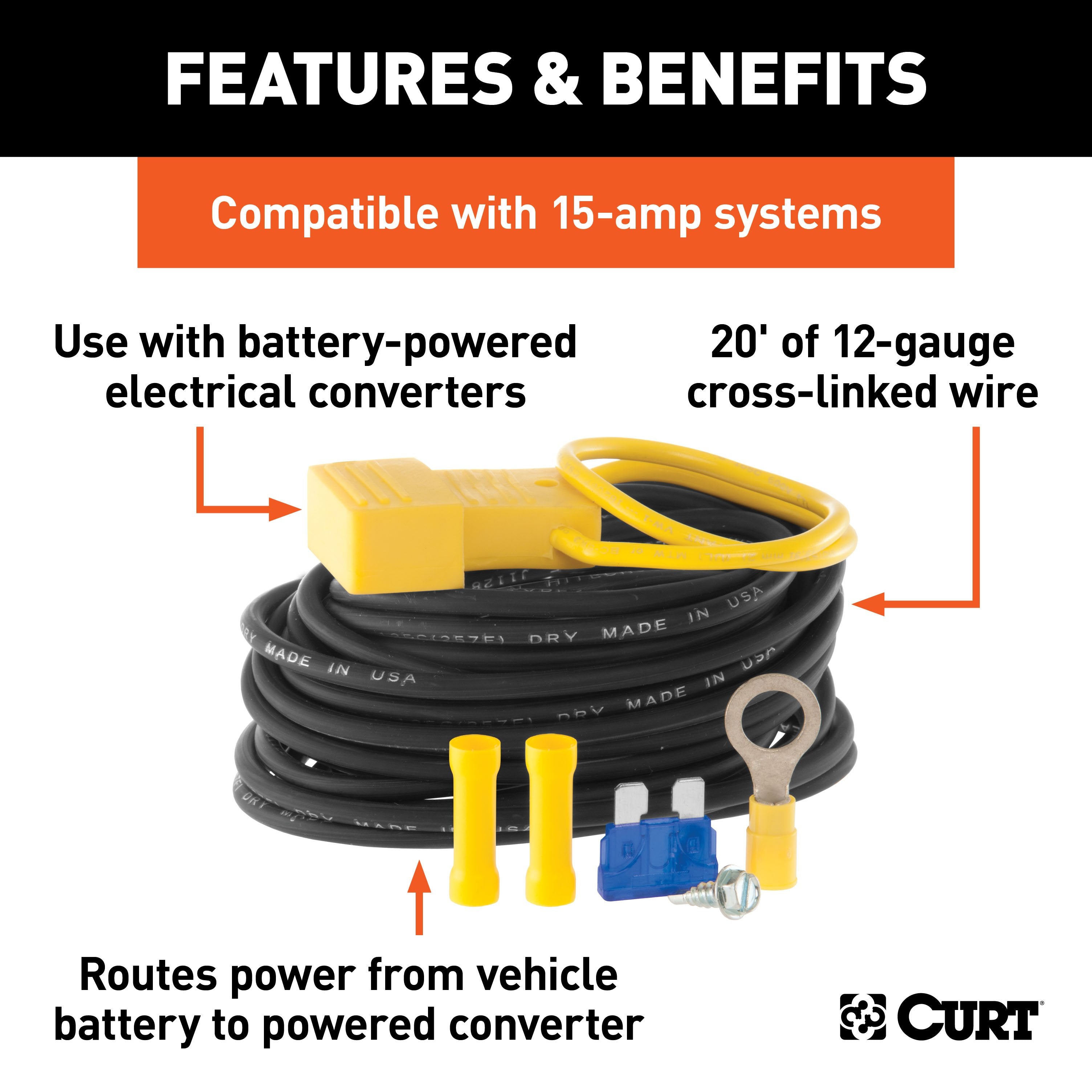 CURT Powered Converter Wiring Kit for Taillight Converter, 15 Amps Model 55152