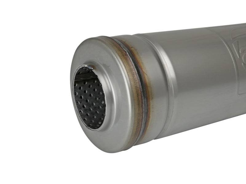 afe MACH Force-Xp round muffler with 2-1/2 inch ID, 5 inch diameter, and 18 inch length for improved exhaust flow.