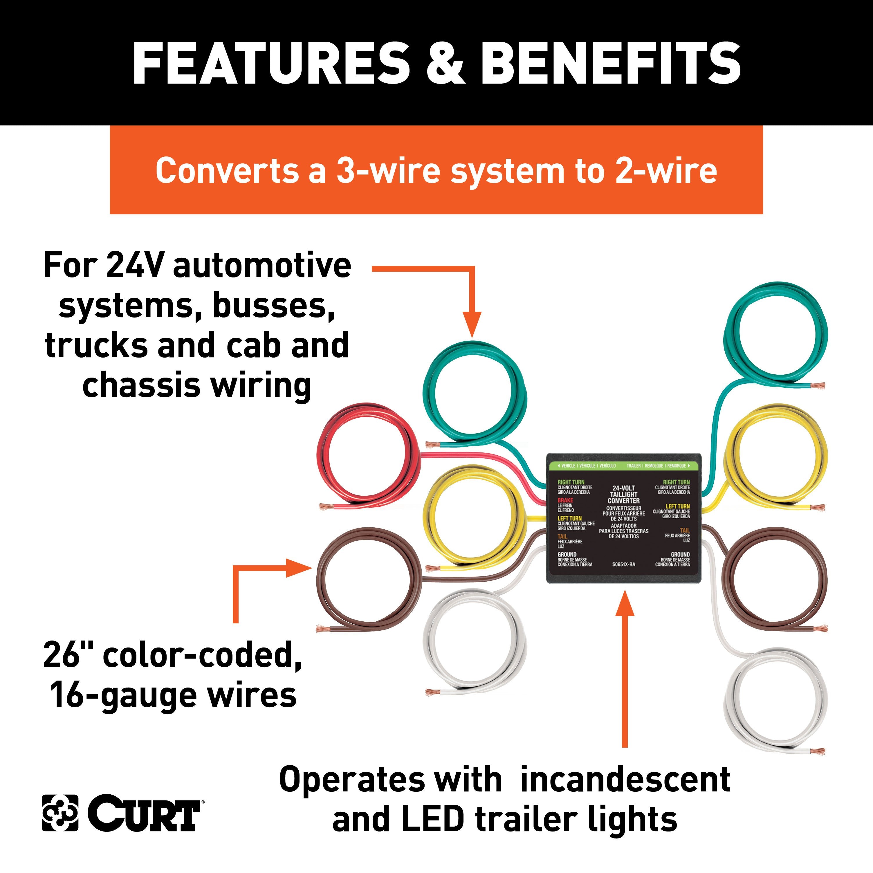 CURT 24-Volt Splice-in Trailer Taillight Converter for Trucks, Busses, Cab Chassis Model 56424