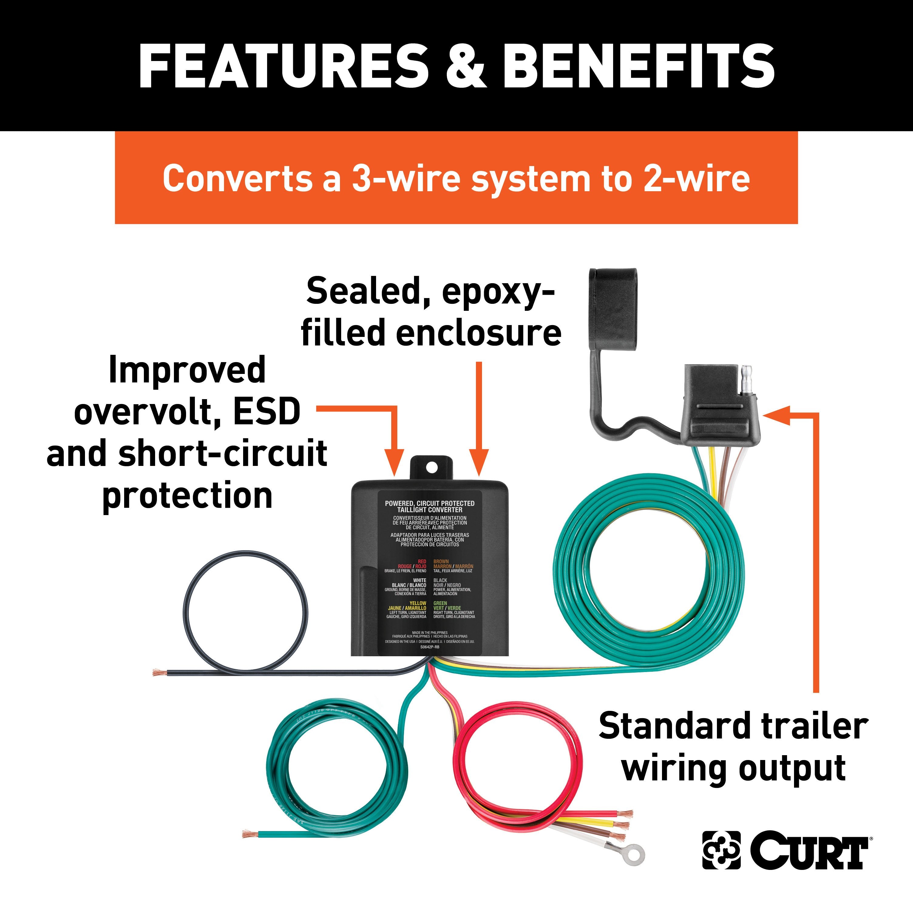 CURT Weather-Resistant Powered 3-to-2-Wire Splice-in Trailer Taillight Converter, 4-Pin Wiring Harness Model 56496
