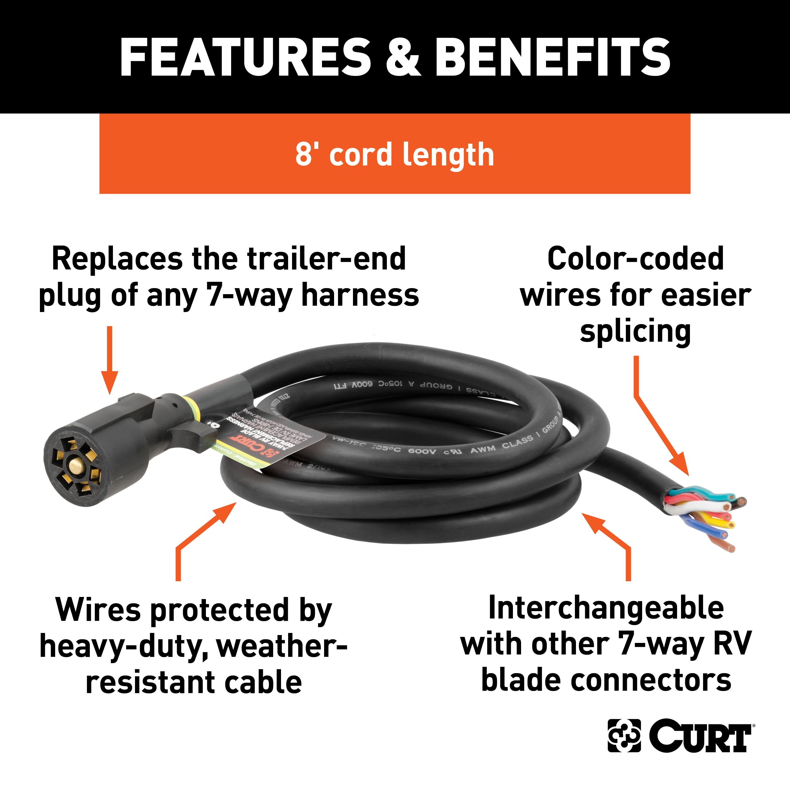 CURT Replacement 7-Pin RV Blade Trailer Wiring Harness Plug, 8-Foot Blunt-Cut Wires Model 56602