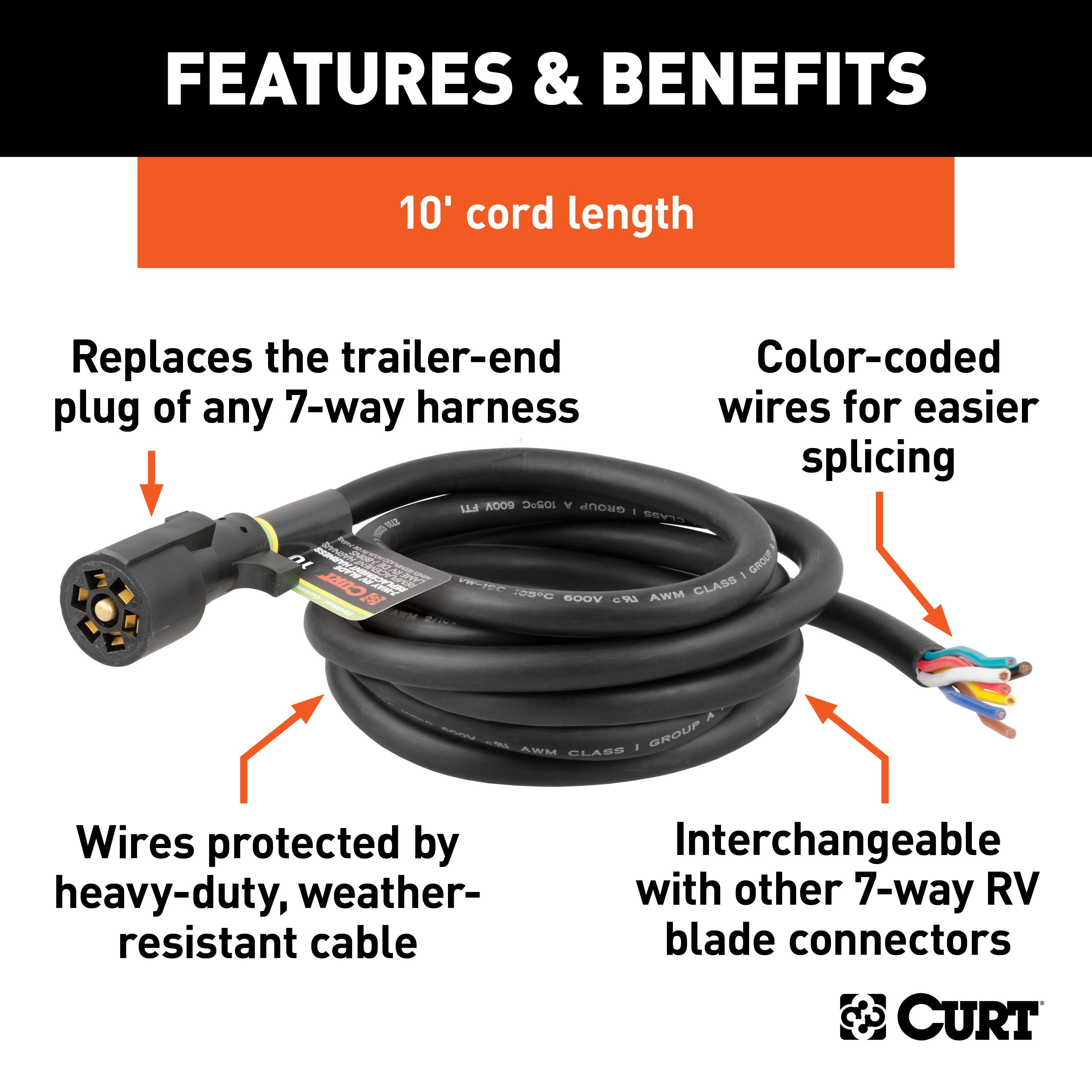 CURT Replacement 7-Pin RV Blade Trailer Wiring Harness Plug, 10-Foot Blunt-Cut Wires Model 56603