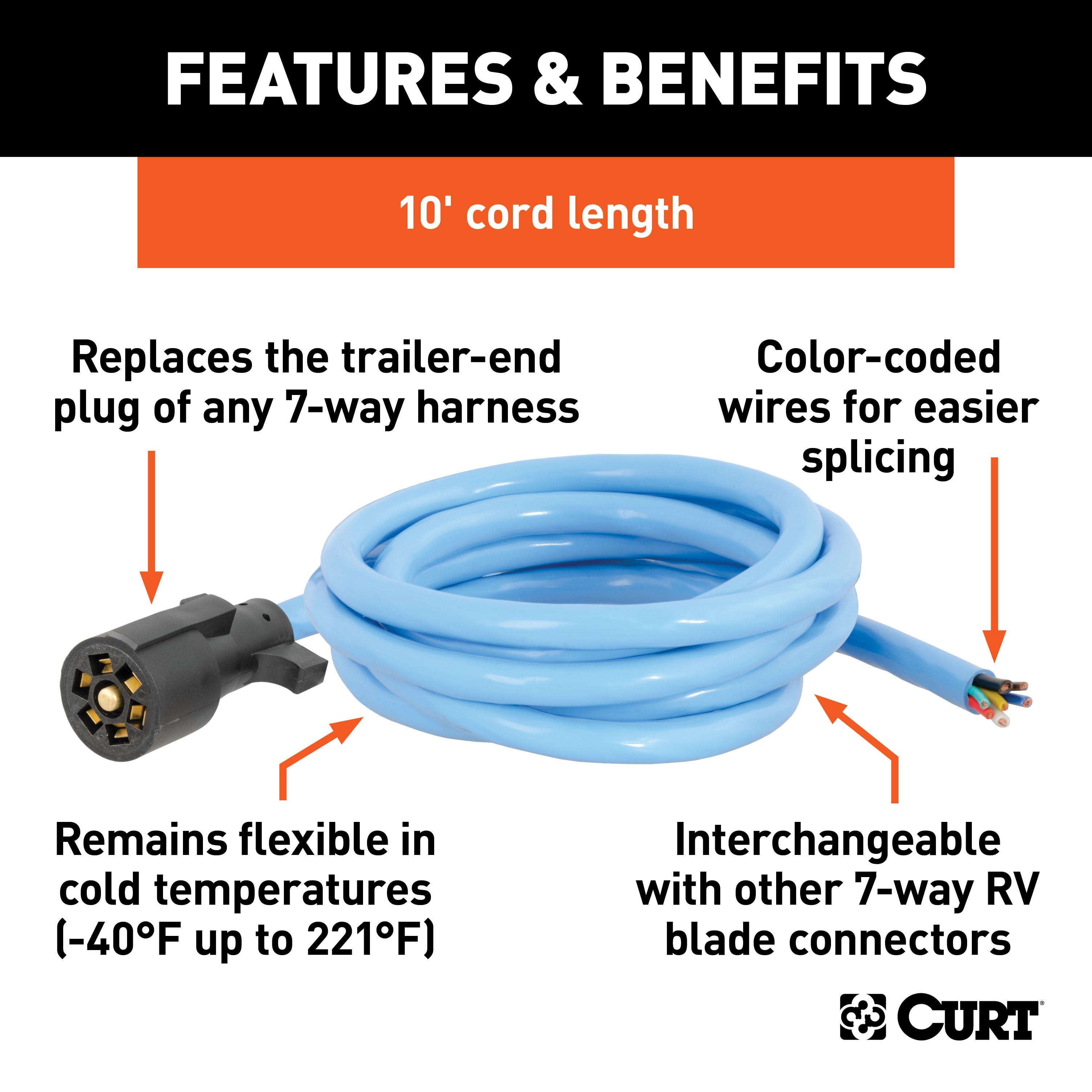 CURT Extreme Temperature, Cold Weather 7-Pin RV Blade Trailer Wiring Harness Plug, 10-Foot Blunt-Cut Wires, -40F to 221F Degree Rating Model 56613