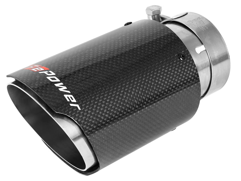 AFE MACH Force-Xp universal exhaust tip featuring a 2-1/2 inch inlet, 3-1/2 inch outlet, and 7 inch length, showcasing a sleek design.