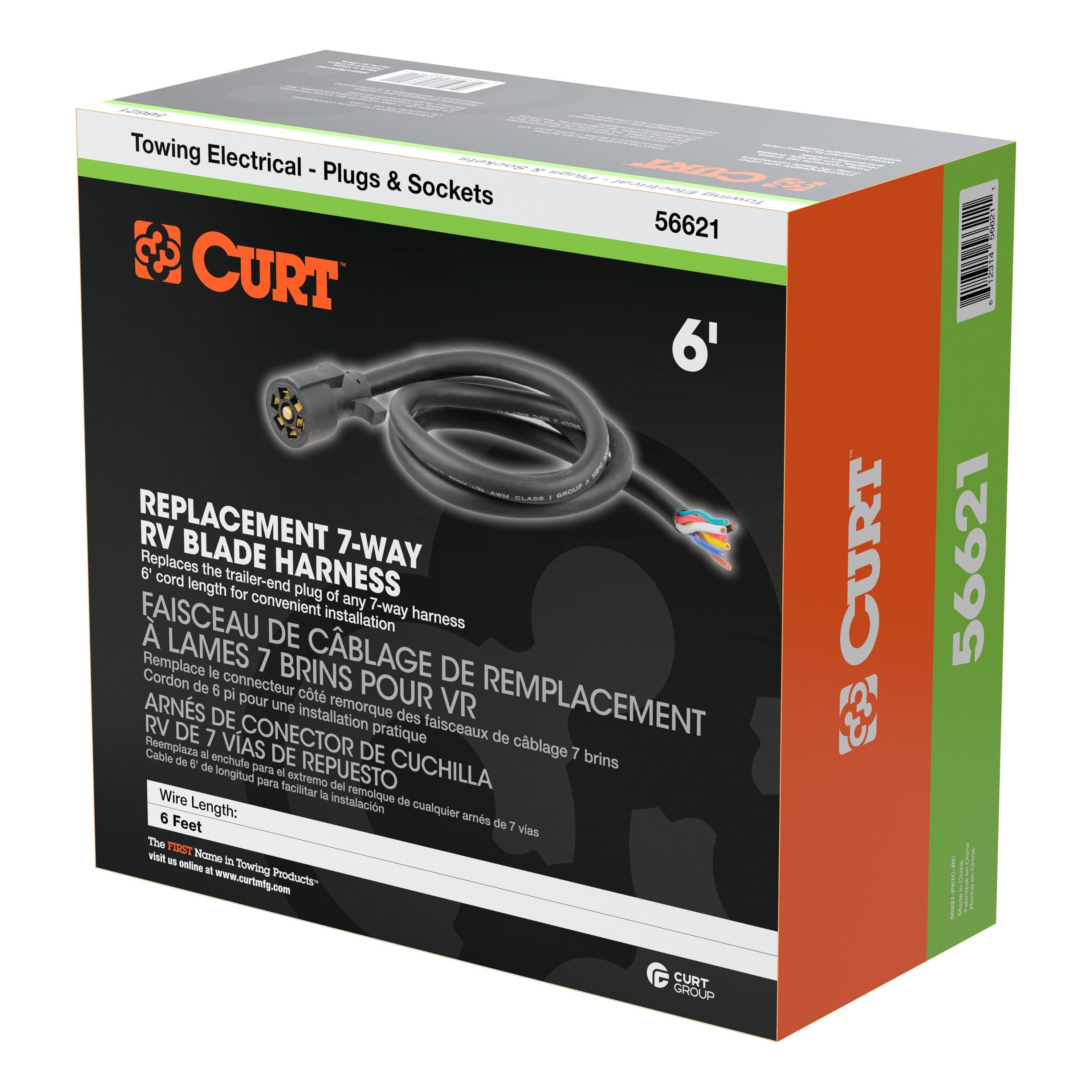 CURT Replacement 7-Pin RV Blade 7-Way Trailer Wiring Harness Plug, 6-Foot Blunt-Cut Wires, Boxed Model 56621