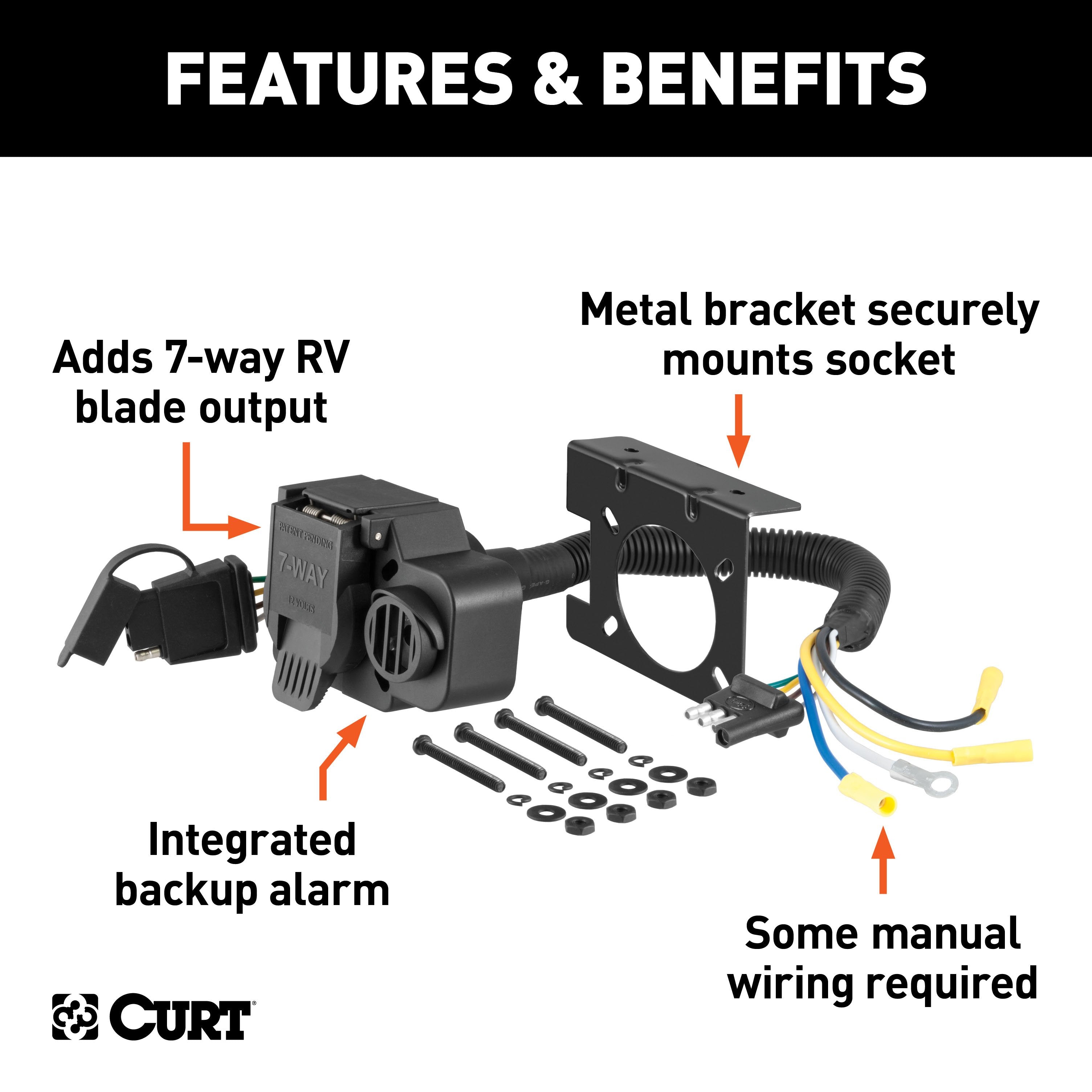 CURT Dual-Output 4-Way Flat Vehicle-Side to 7-Way RV Blade Trailer Wiring Adapter with Backup Alarm Model 57102