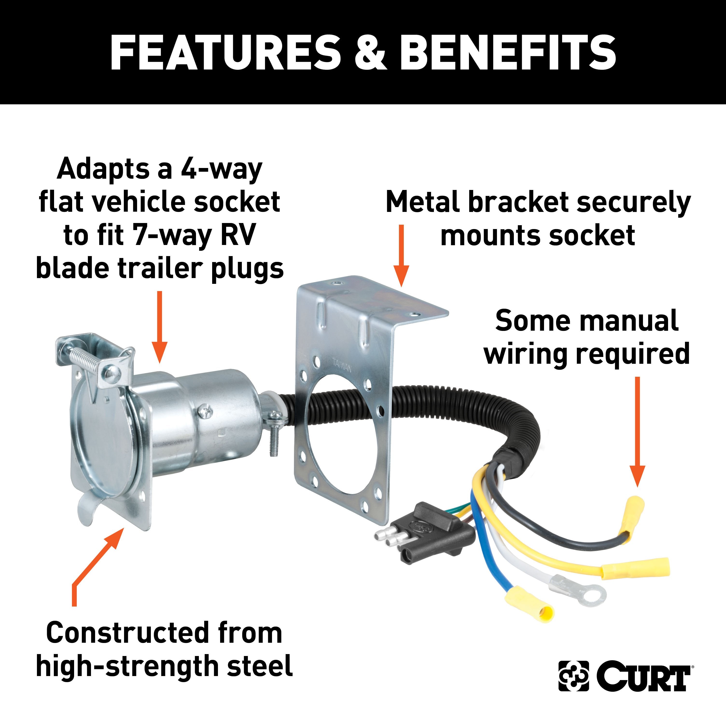 CURT 4-Way Flat Vehicle-Side to 7-Way RV Blade Trailer Wiring Adapter Model 57185