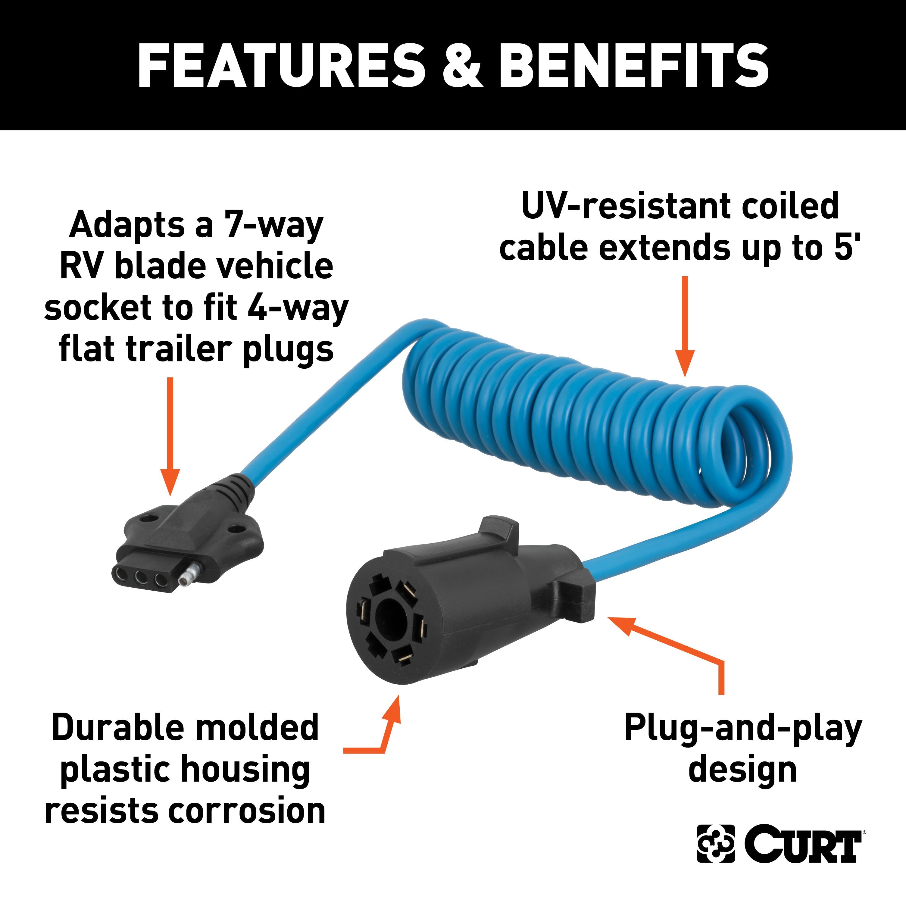 CURT 5-Foot 7-Way RV Blade Vehicle-Side to 4-Way Flat Trailer Wiring Adapter Extension Harness Model 57271
