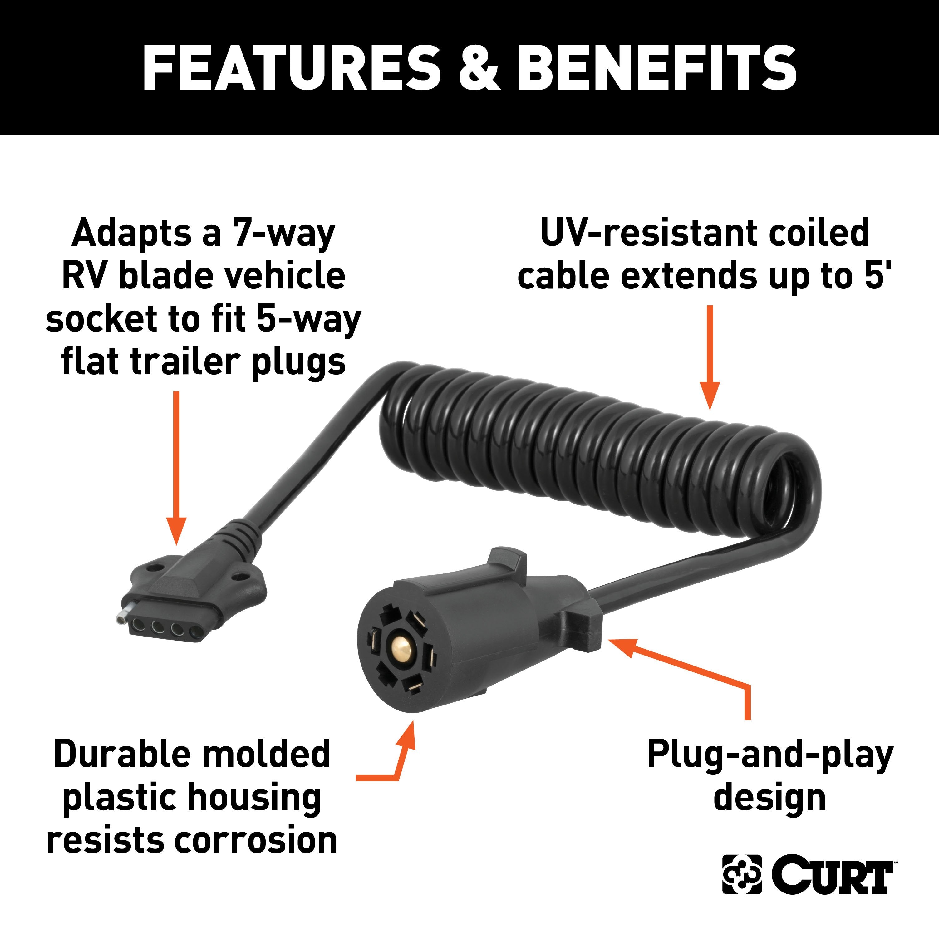 CURT 5-Foot 7-Way RV Blade Vehicle-Side to 5-Way Flat Trailer Wiring Adapter Extension Harness Model 57281