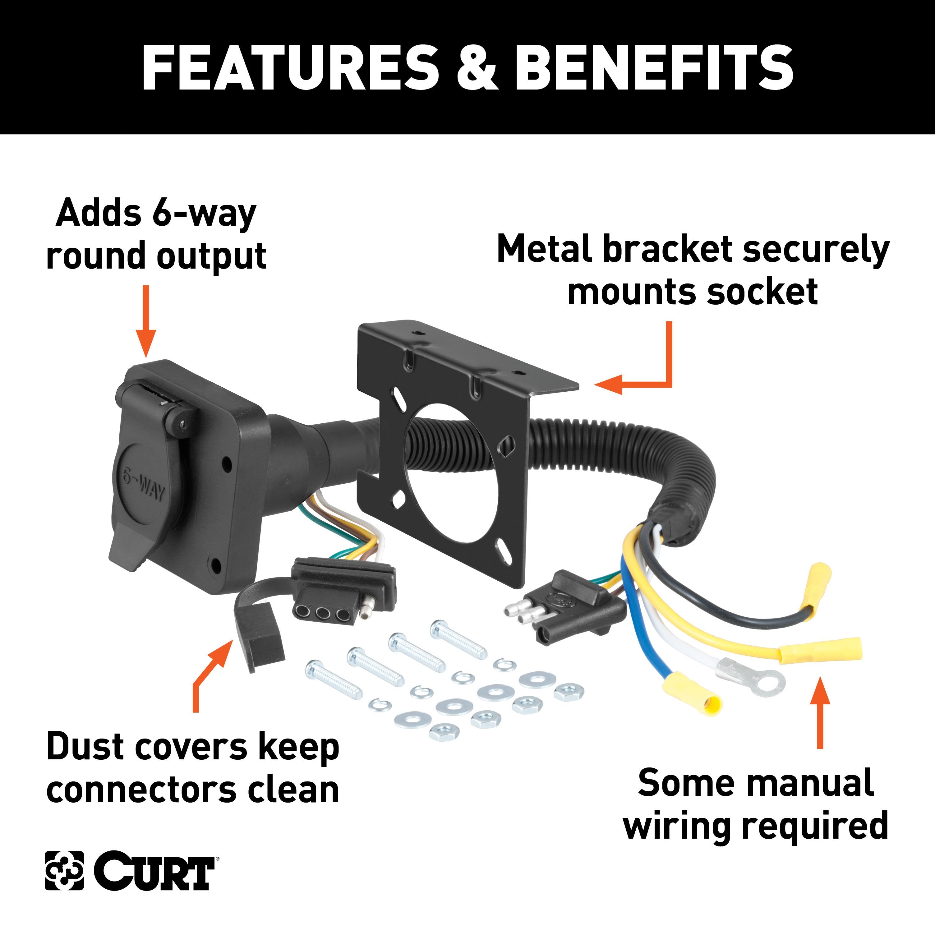 CURT Dual-Output 4-Way Flat Vehicle-Side to 6-Way Round Trailer Wiring Adapter Model 57604