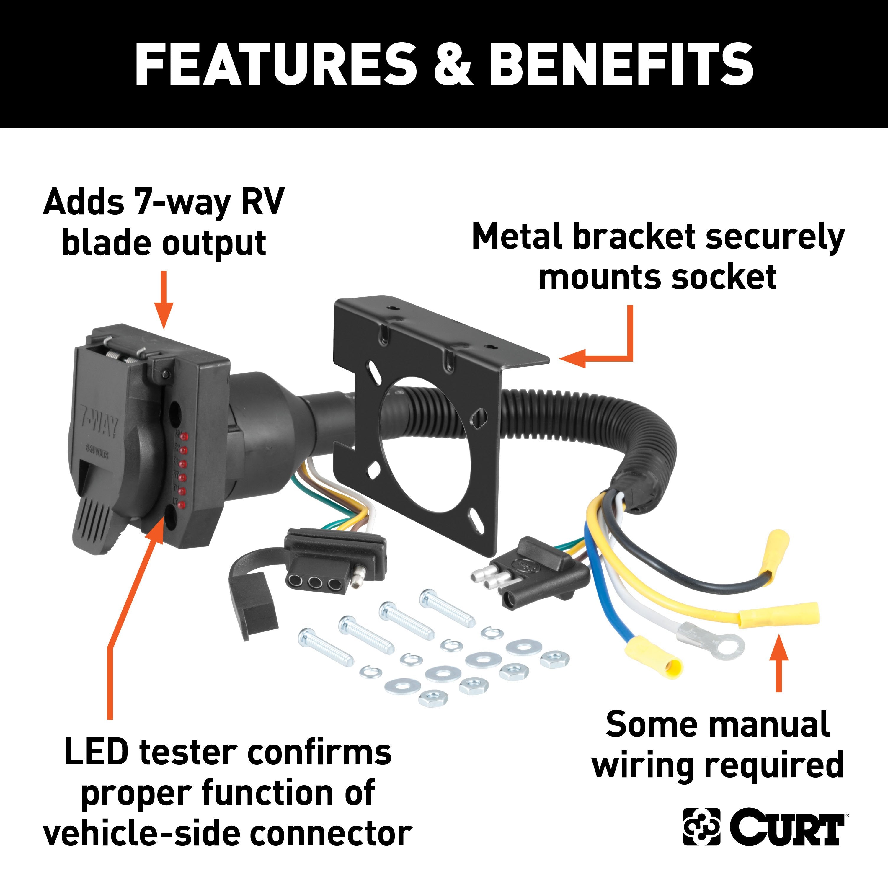 CURT Dual-Output 4-Way Flat Vehicle-Side to 7-Way RV Blade Trailer Wiring Adapter with Tester Model 57674
