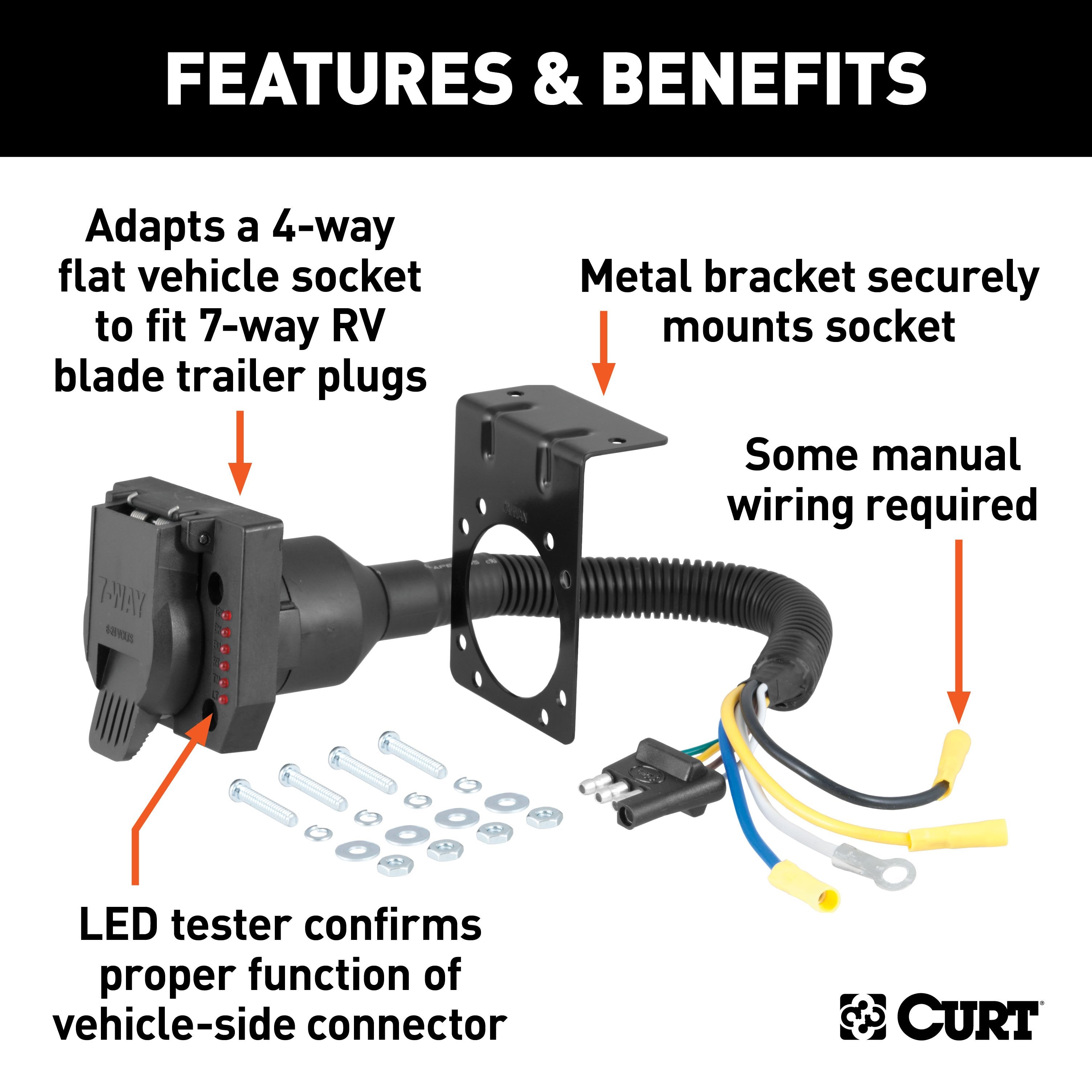 CURT 4-Way Flat Vehicle-Side to 7-Way RV Blade Trailer Wiring Adapter with Tester Model 57676