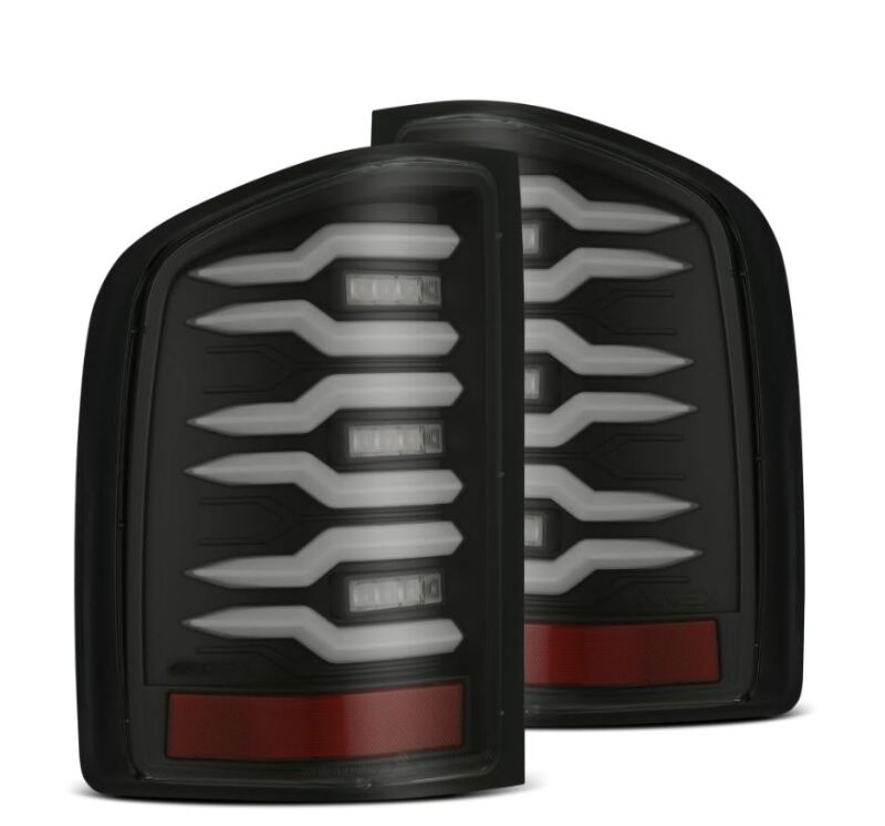AlphaRex Luxx-Series LED tail lights for 07-14 Chevrolet Silverado with black housing and smoked lens design.