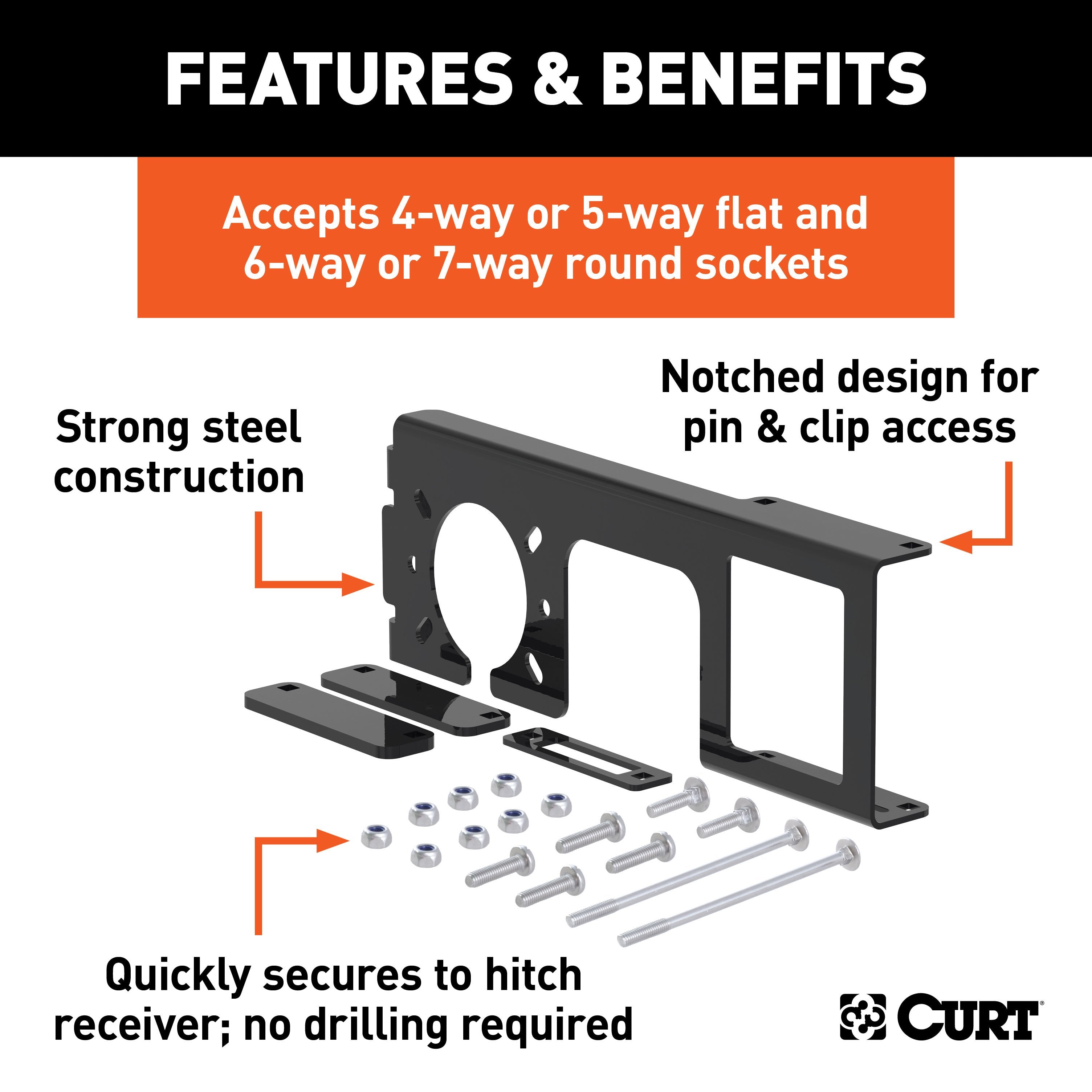 CURT Easy-Mount Vehicle Trailer Wiring Connector Mounting Bracket, 2-Inch Receiver, 4 or 5-Way Flat, 6 or 7-Way Round, 10-Pack Model 58000010