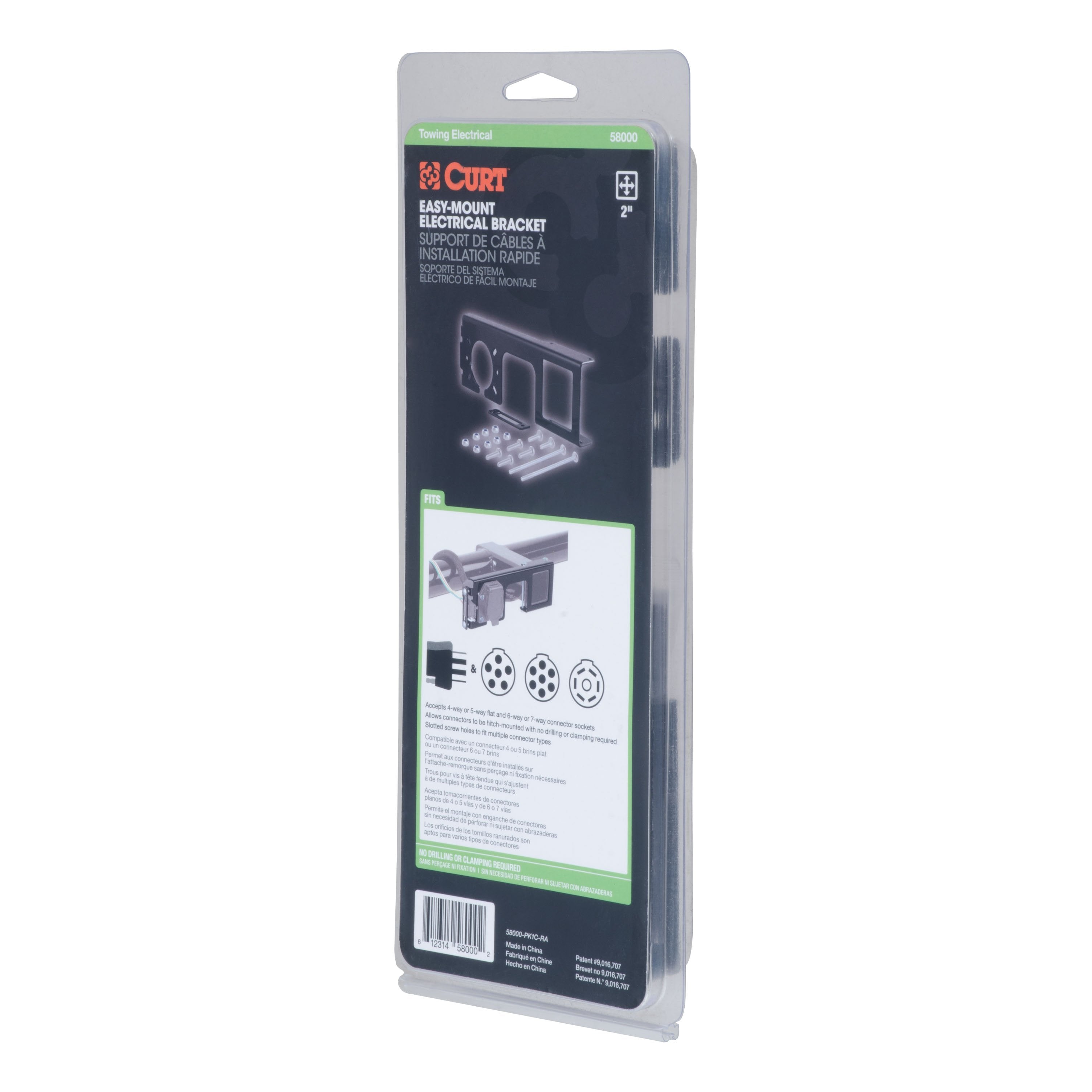 CURT Easy-Mount Vehicle Trailer Wiring Connector Mounting Bracket for 2-Inch Receiver, 4 or 5-Way Flat, 6 or 7-Way Round Model 58000