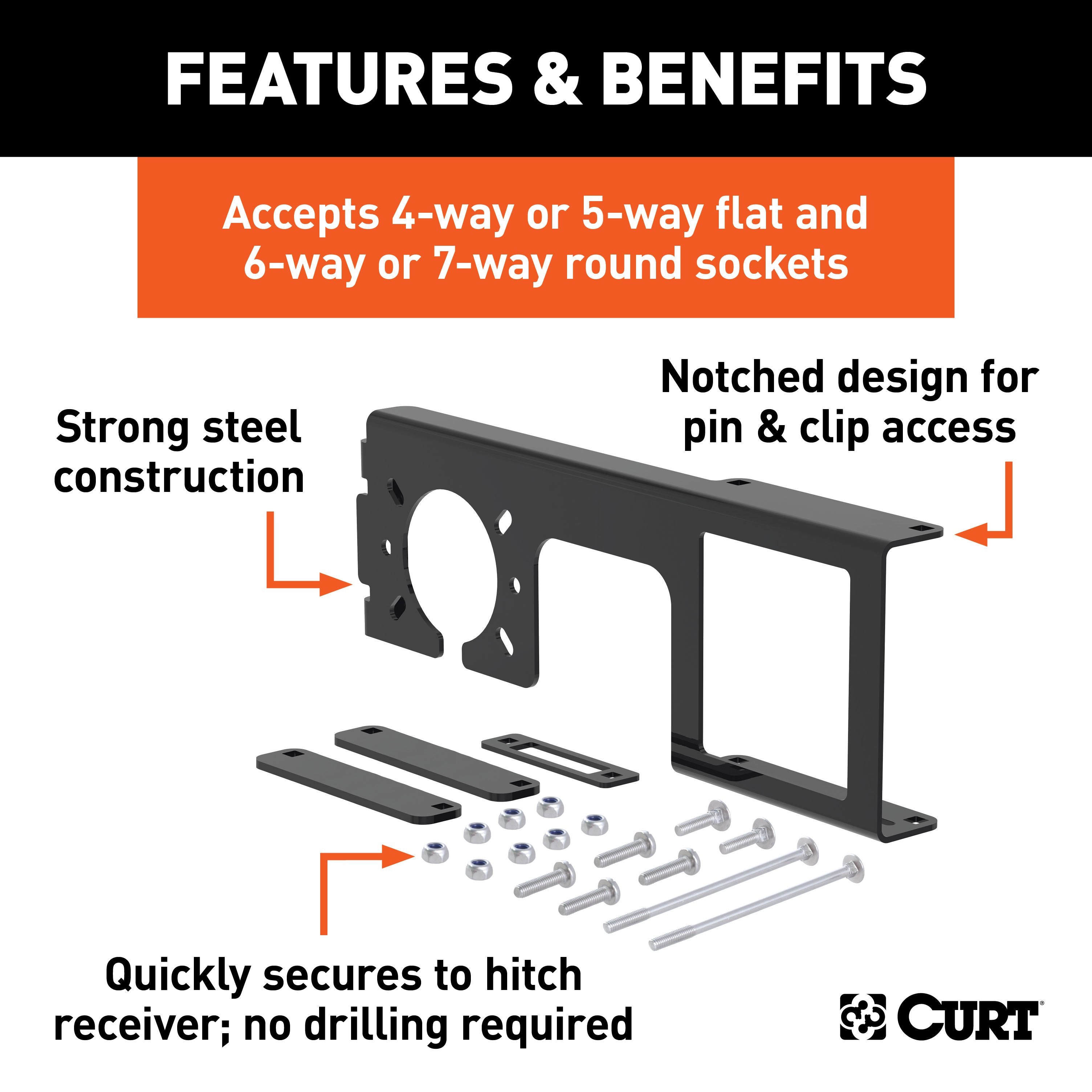 CURT Easy-Mount Vehicle Trailer Wiring Connector Mounting Bracket for 2-1/2-Inch Receiver, 4 or 5-Way Flat, 6 or 7-Way Round Model 58003