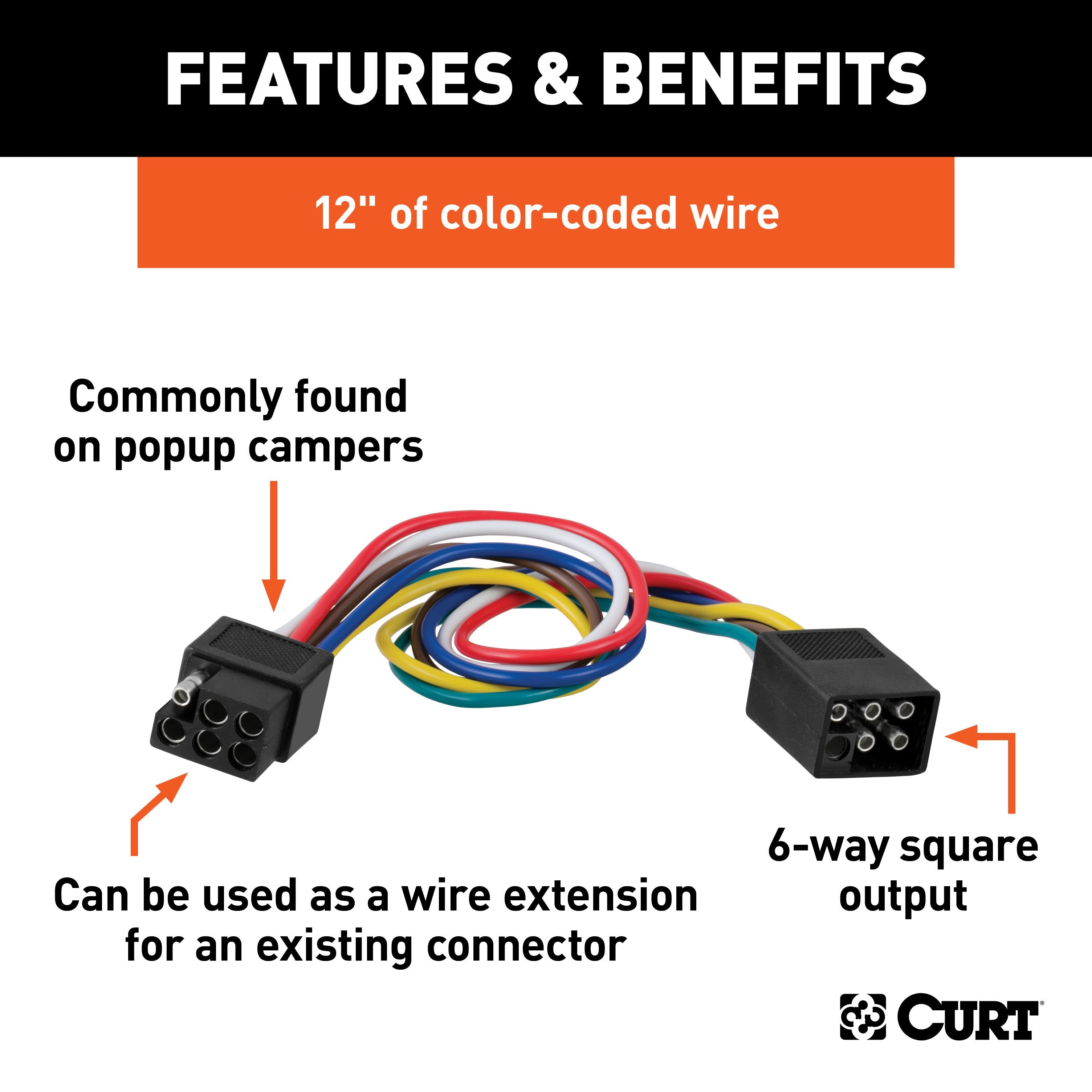 CURT Vehicle-Side and Trailer-Side 6-Pin Square Wiring Harness Connectors with 12-Inch Wires Model 58034