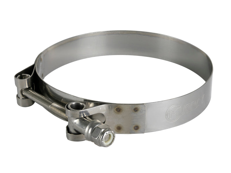 Stainless steel T-bolt clamp for secure connections, adjustable from 4-1/16 to 4-3/8 inches in diameter.