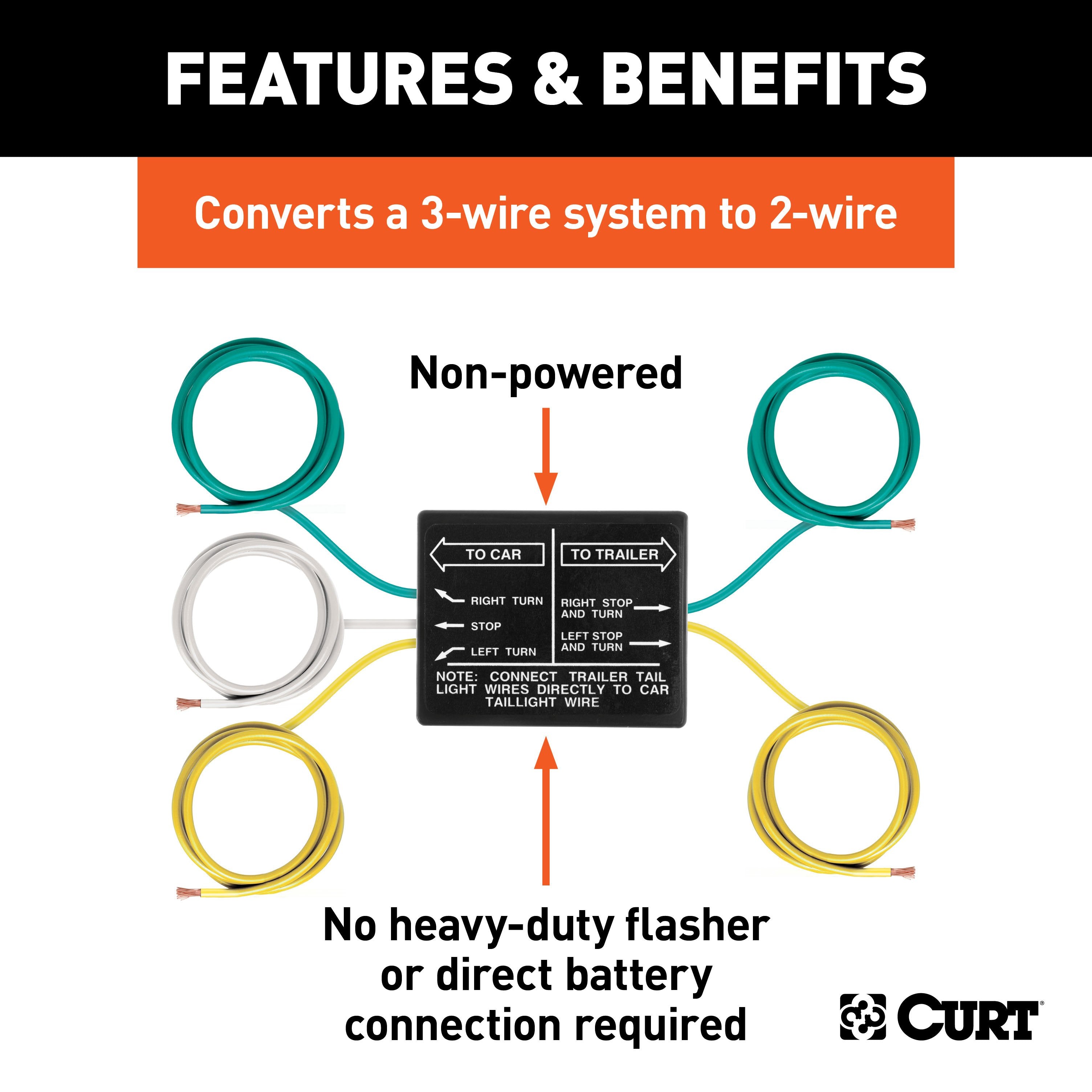 CURT Non-Powered 3-to-2-Wire Splice-in Taillight Converter, Not Compatible with LED Lights Model 58240