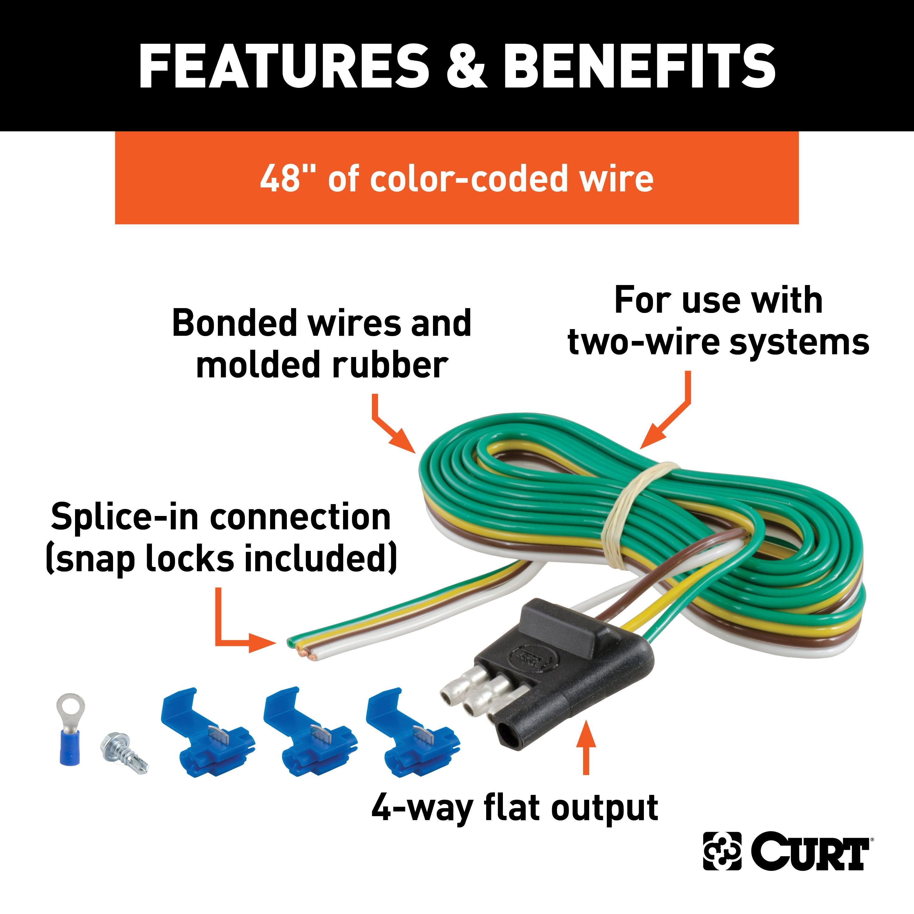 CURT Trailer-Side 4-Pin Flat Wiring Harness with 48-Inch Wires Model 58349