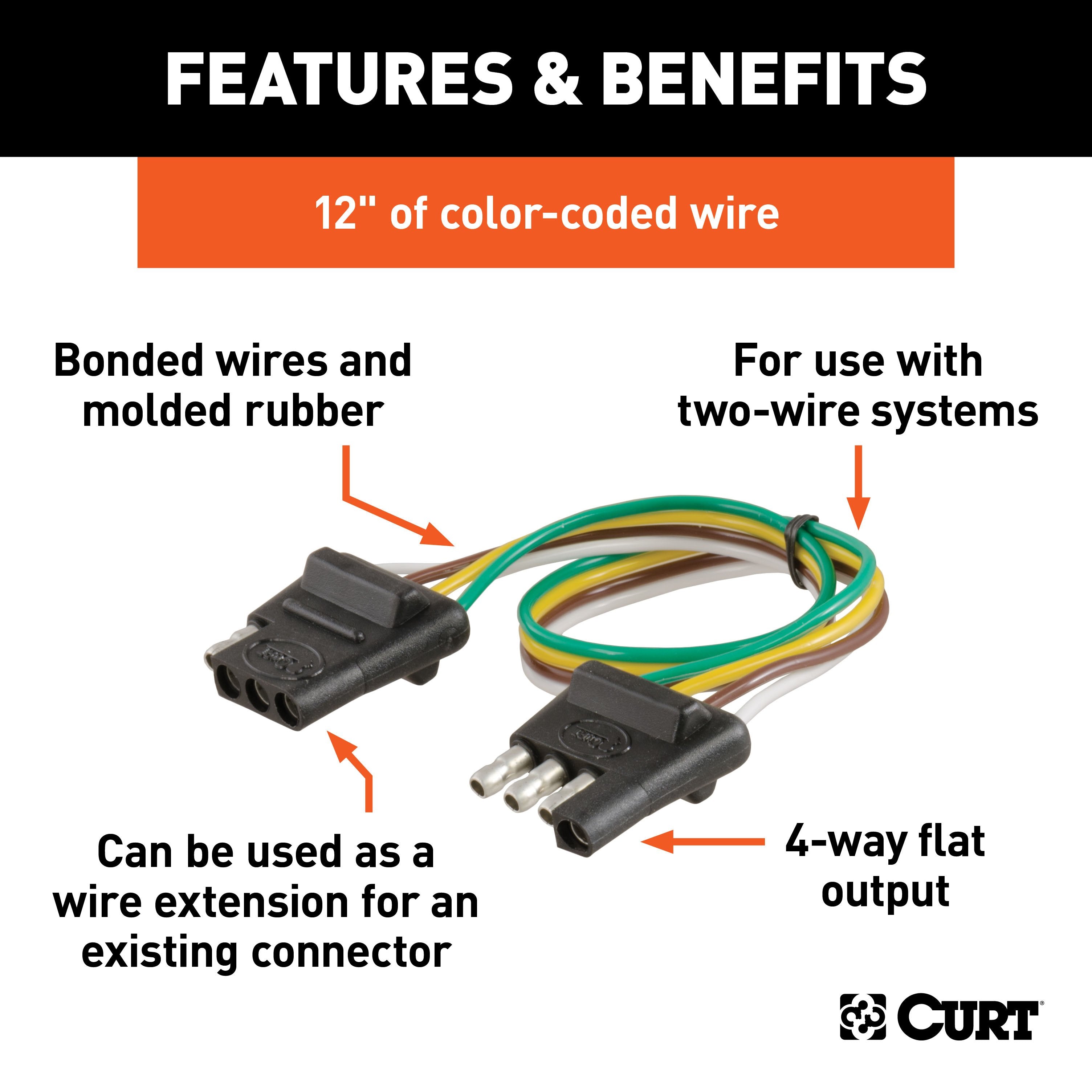 CURT Vehicle-Side and Trailer-Side 4-Pin Flat Wiring Harness with 12-Inch Wires Model 58381