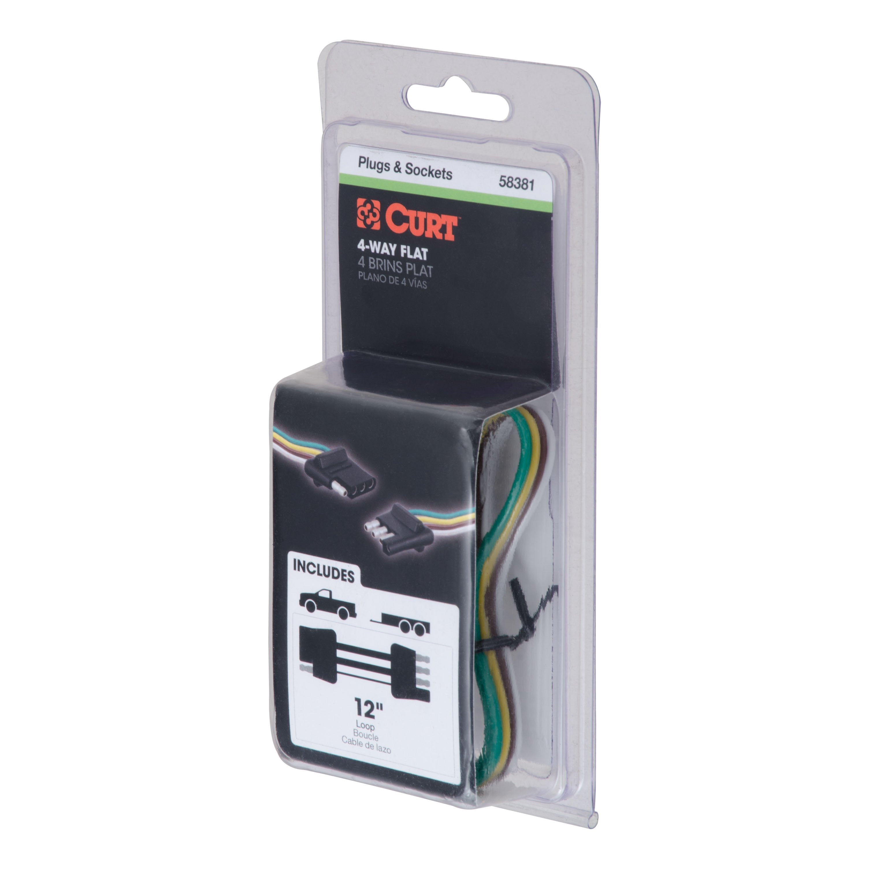 CURT Vehicle-Side and Trailer-Side 4-Pin Flat Wiring Harness with 12-Inch Wires Model 58381
