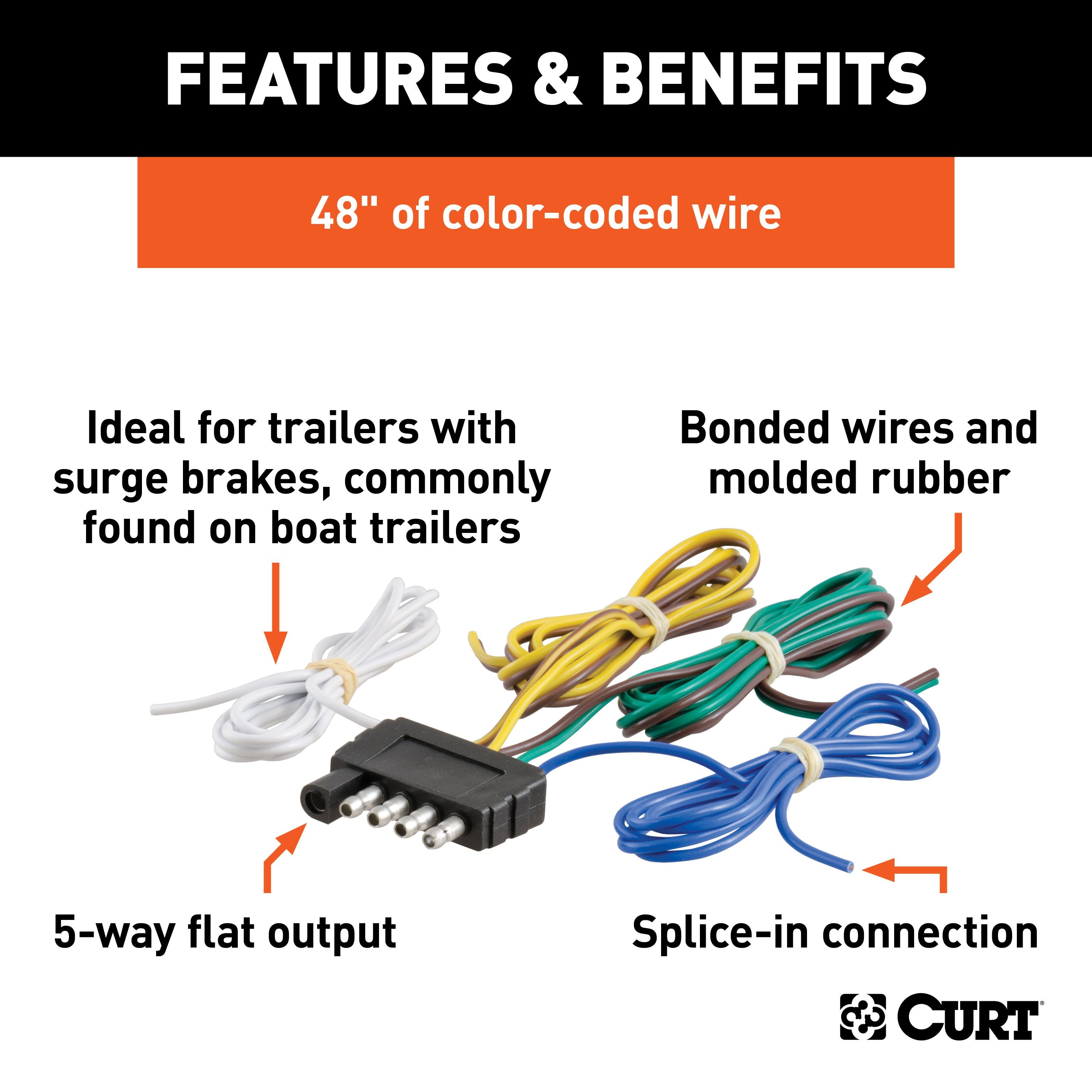 CURT Trailer-Side 5-Pin Flat Wiring Harness with 48-Inch Wires Model 58540