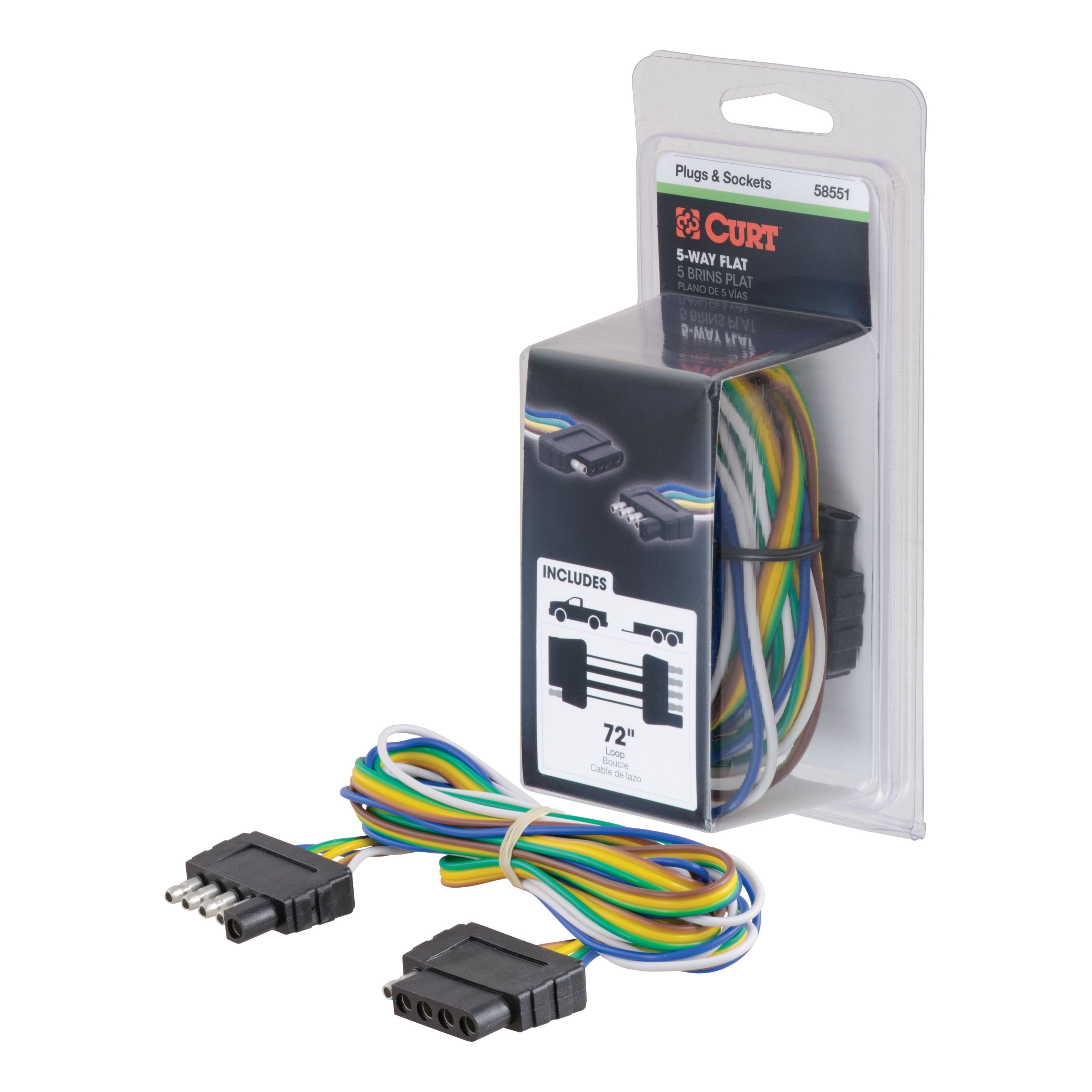CURT Vehicle-Side and Trailer-Side 5-Pin Flat Wiring Harness with 72-Inch Wires Model 58551