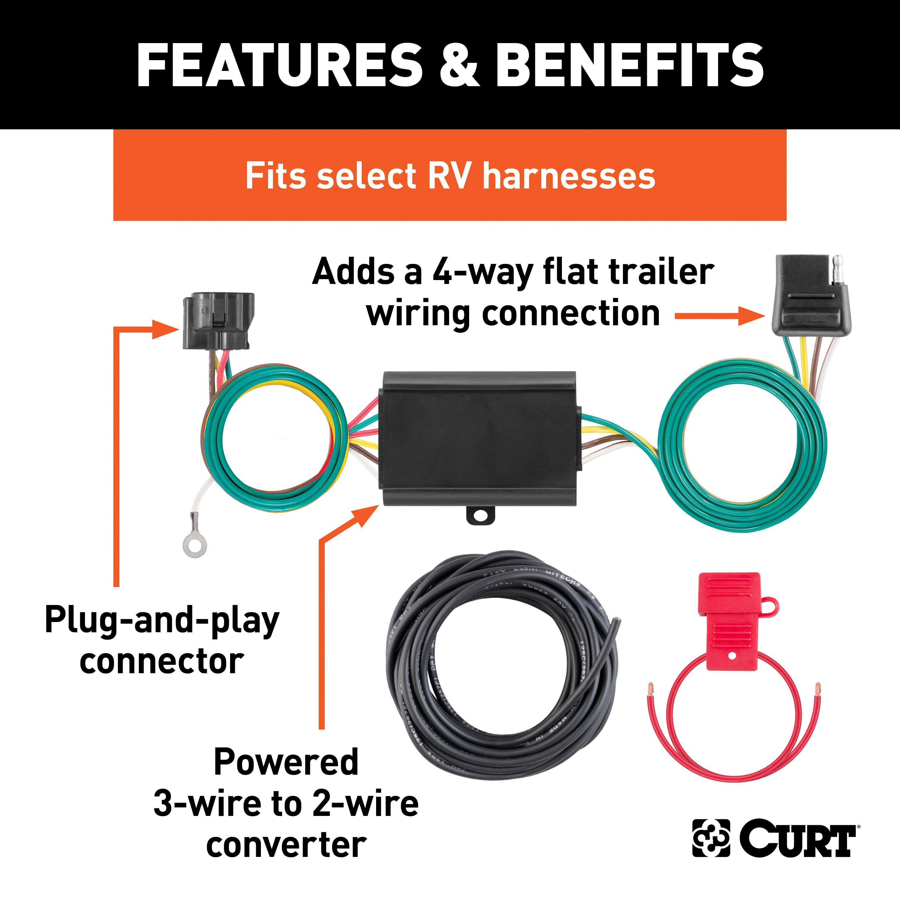 CURT Towed-Vehicle RV Wiring Harness Add-On, 4-Pin Trailer Wiring Model 58920