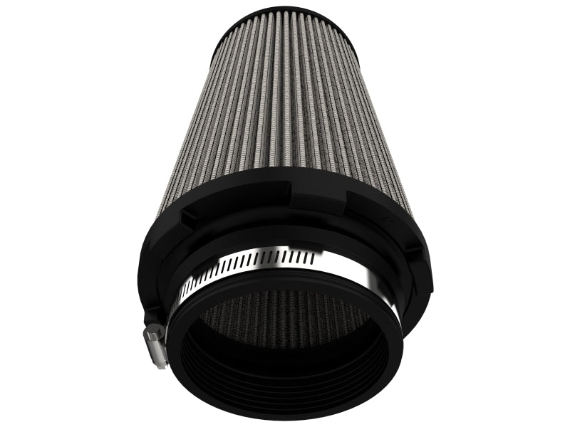 aFe MagnumFLOW Pro DRY S Universal Air Filter with dimensions 4in front, 6in back, 4in top, and 8in height, featuring a durable design.