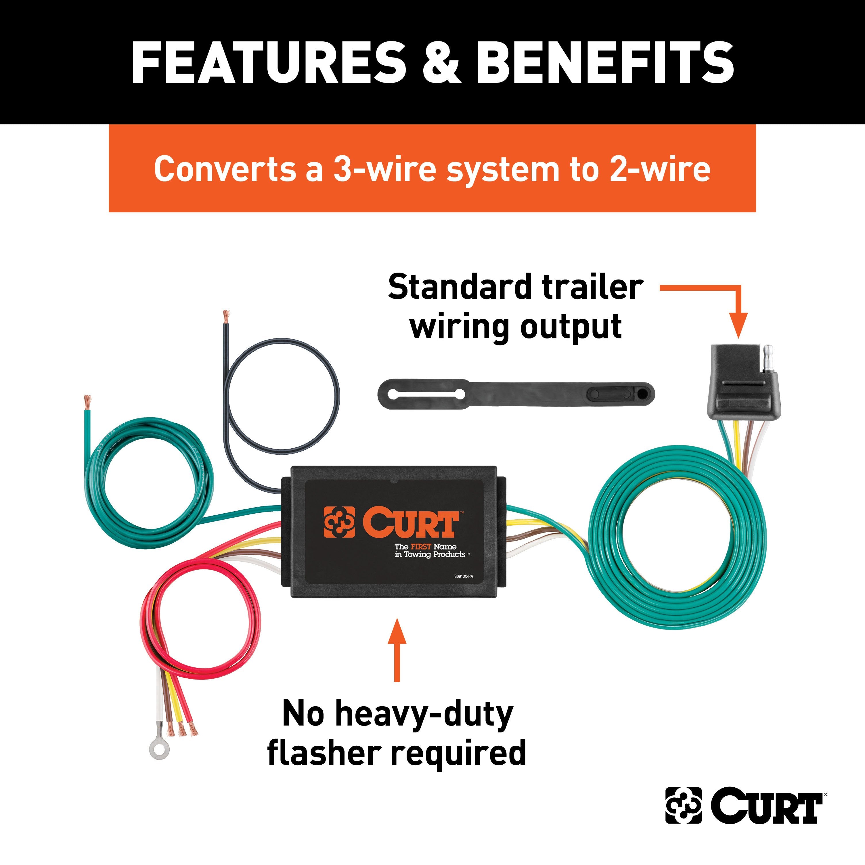 CURT Powered 3-to-2-Wire Splice-in Trailer Taillight Converter Kit, 4-Pin Wiring Harness Model 59187