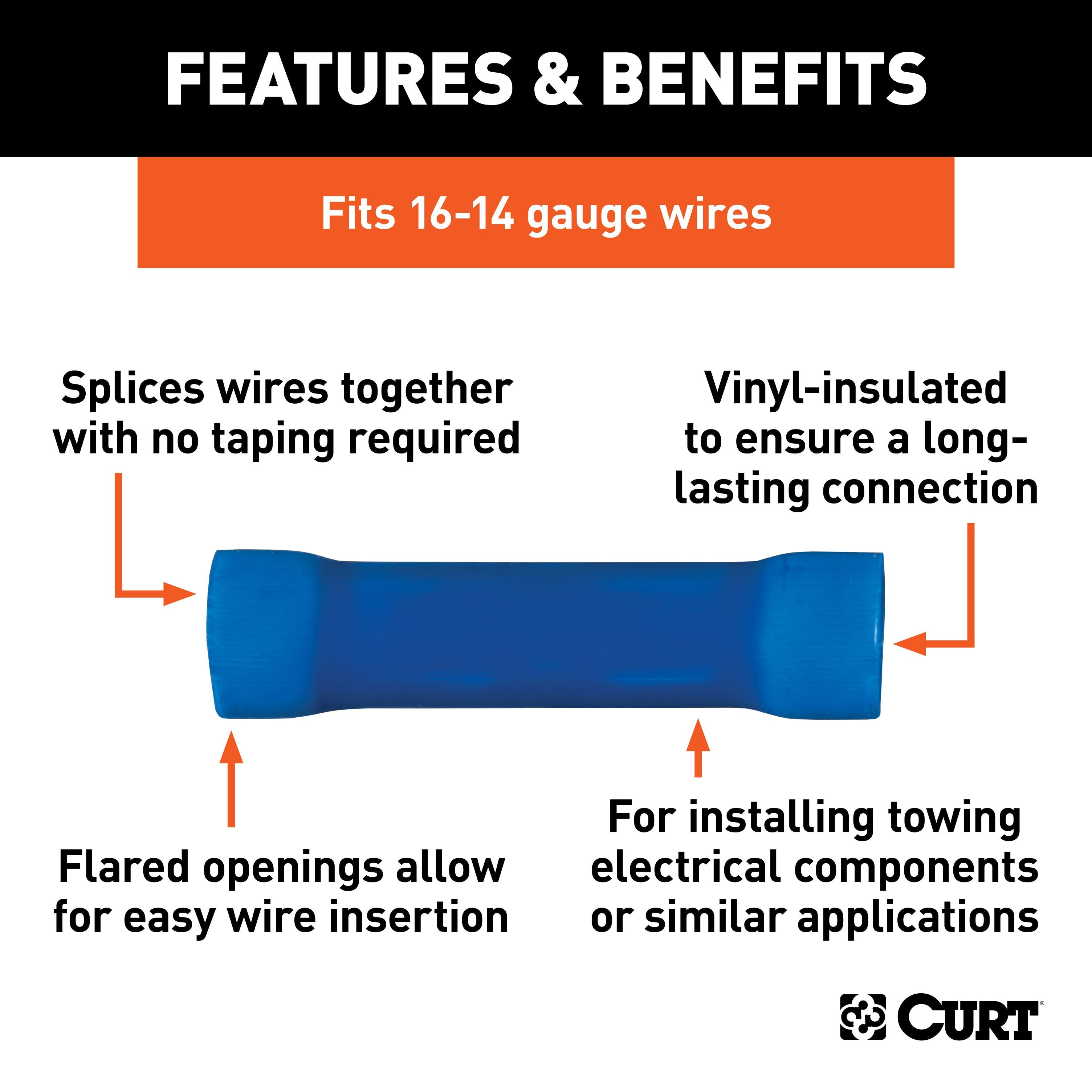 CURT 16-14 Gauge Blue Vinyl-Insulated Wire Butt Connectors, 100-Pack Model 59422